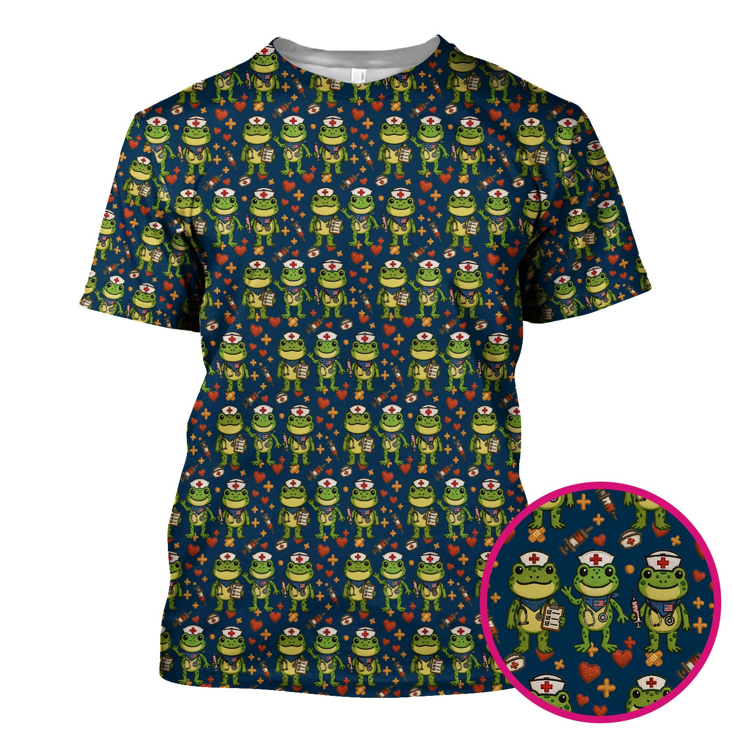 Frog Pattern Scrub Top, Cute Frog Scrub Shirt, Breathable Fabrics Nursing Uniform