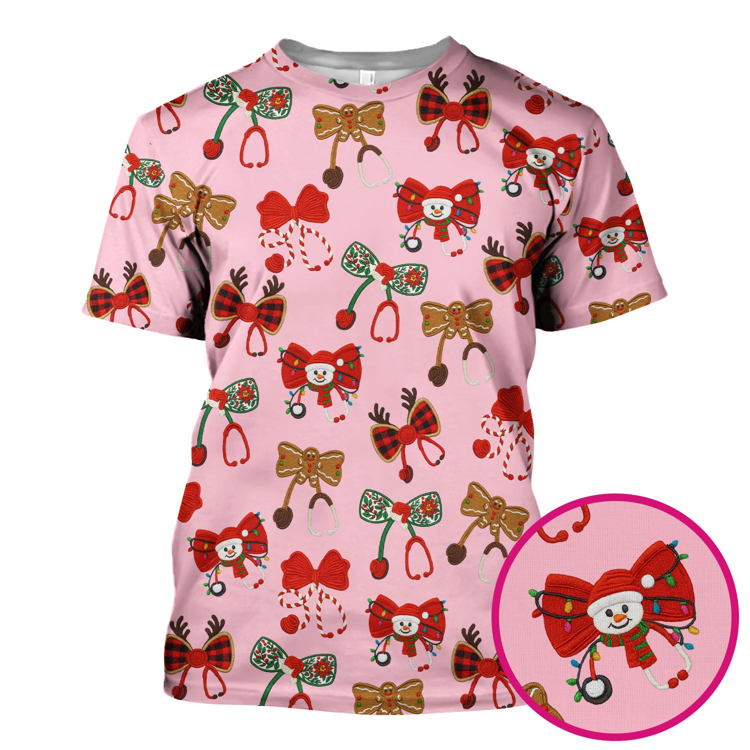 Christmas Stethoscope Bow Nurse Scrub Top, Xmas Pattern Scrub Shirt, Holiday Nursing Uniform