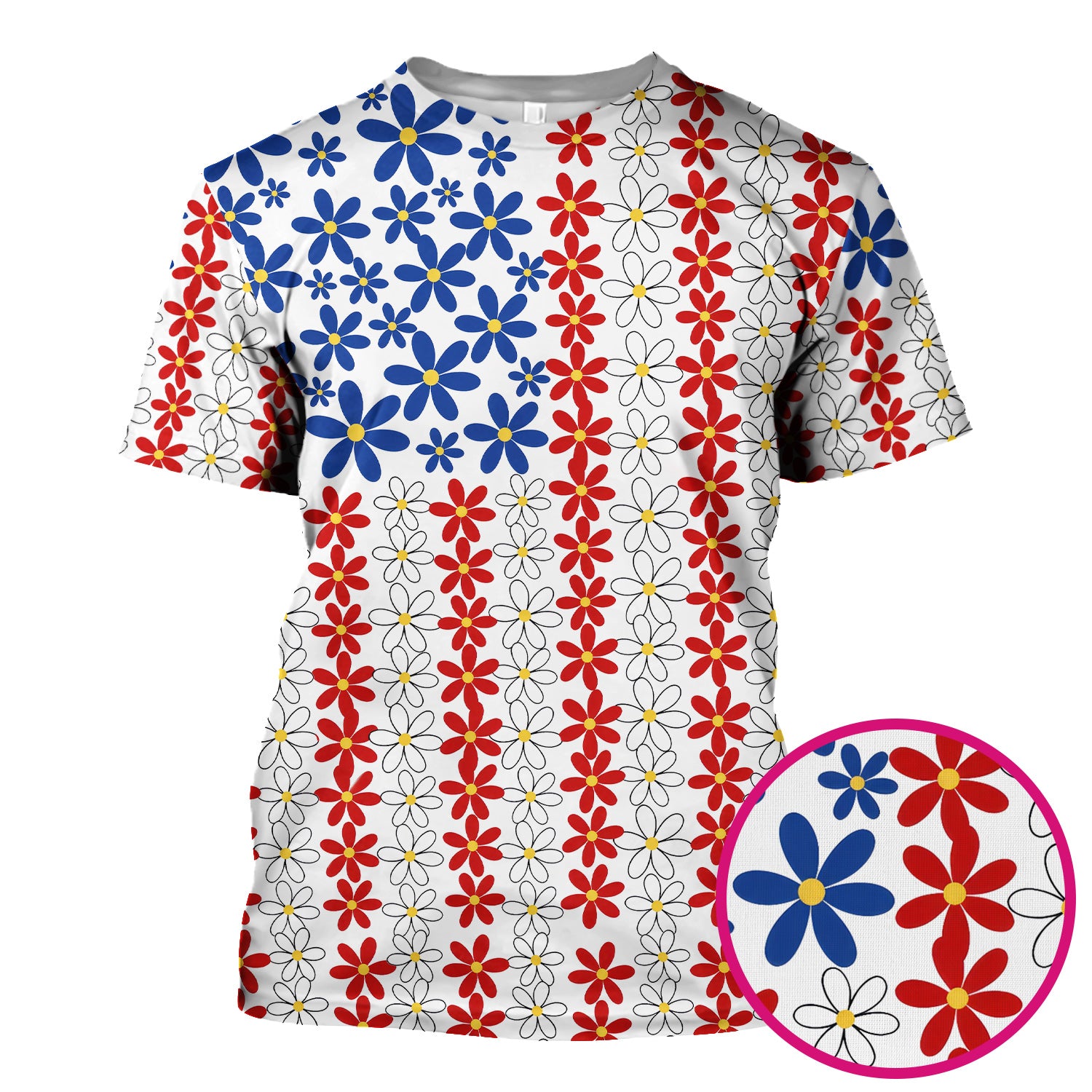 Retro Red Blue Daisy Stripe Pattern Scrub Top, Comfortable Scrubs for Nurses