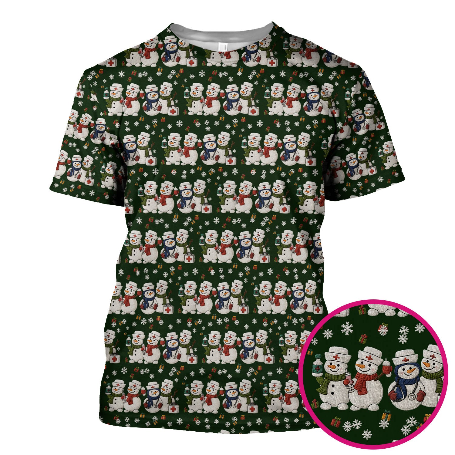 Cute Christmas Snowman Nurse Pattern Scrub Top, Breathable Fabrics Nursing Uniform