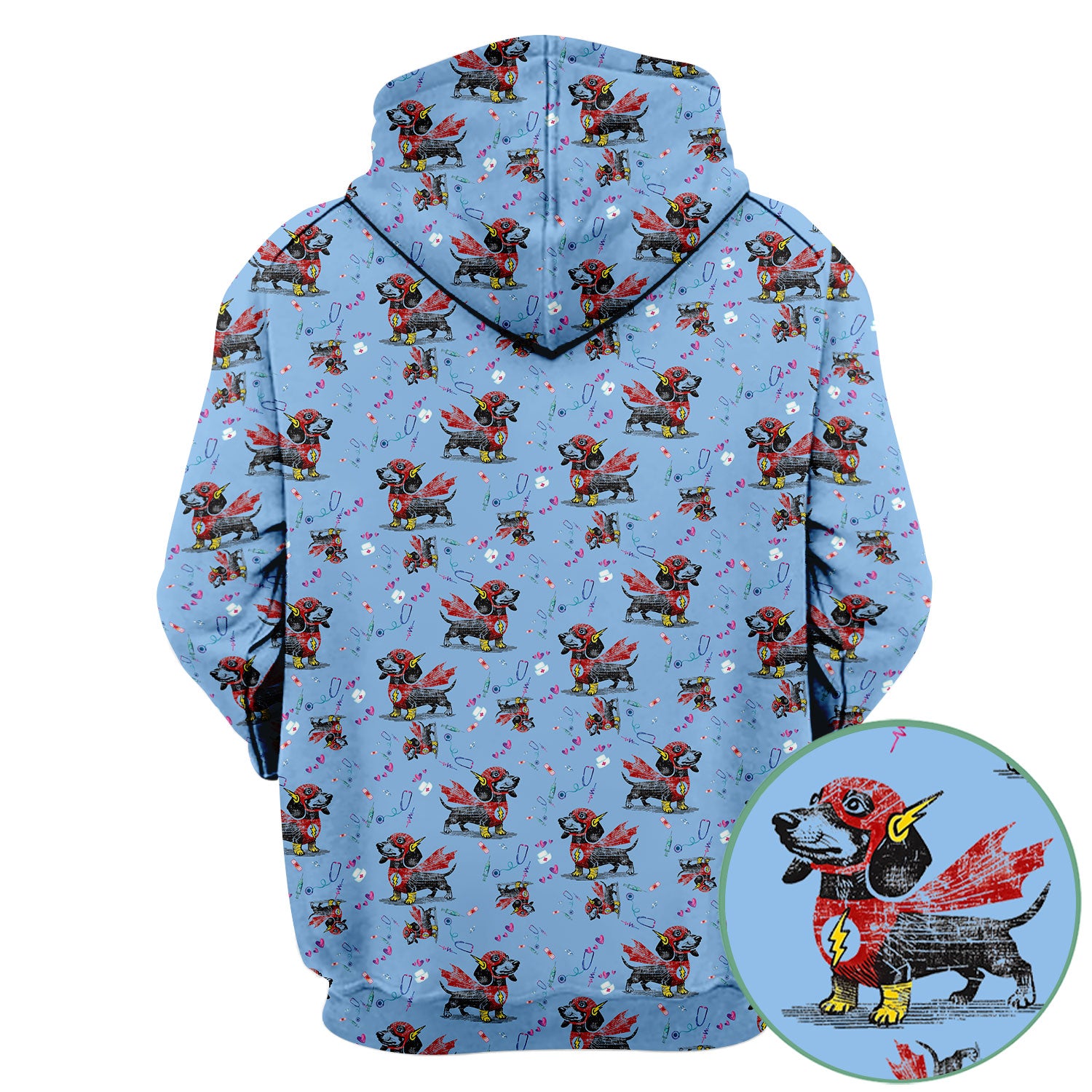 Dachshund Hero Scrub Top for Nurses - Super Nurse Funny Flash Dog Print Medical Uniform Shirt - Cute Sausage Dog Gift for RN CNA LPN