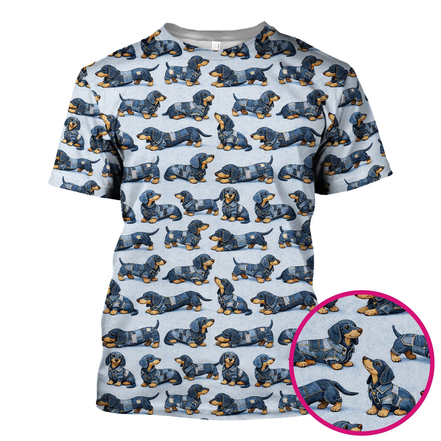 Denim Dachshund Dog Pattern Scrub Top, Breathable Fabrics Nursing Uniform