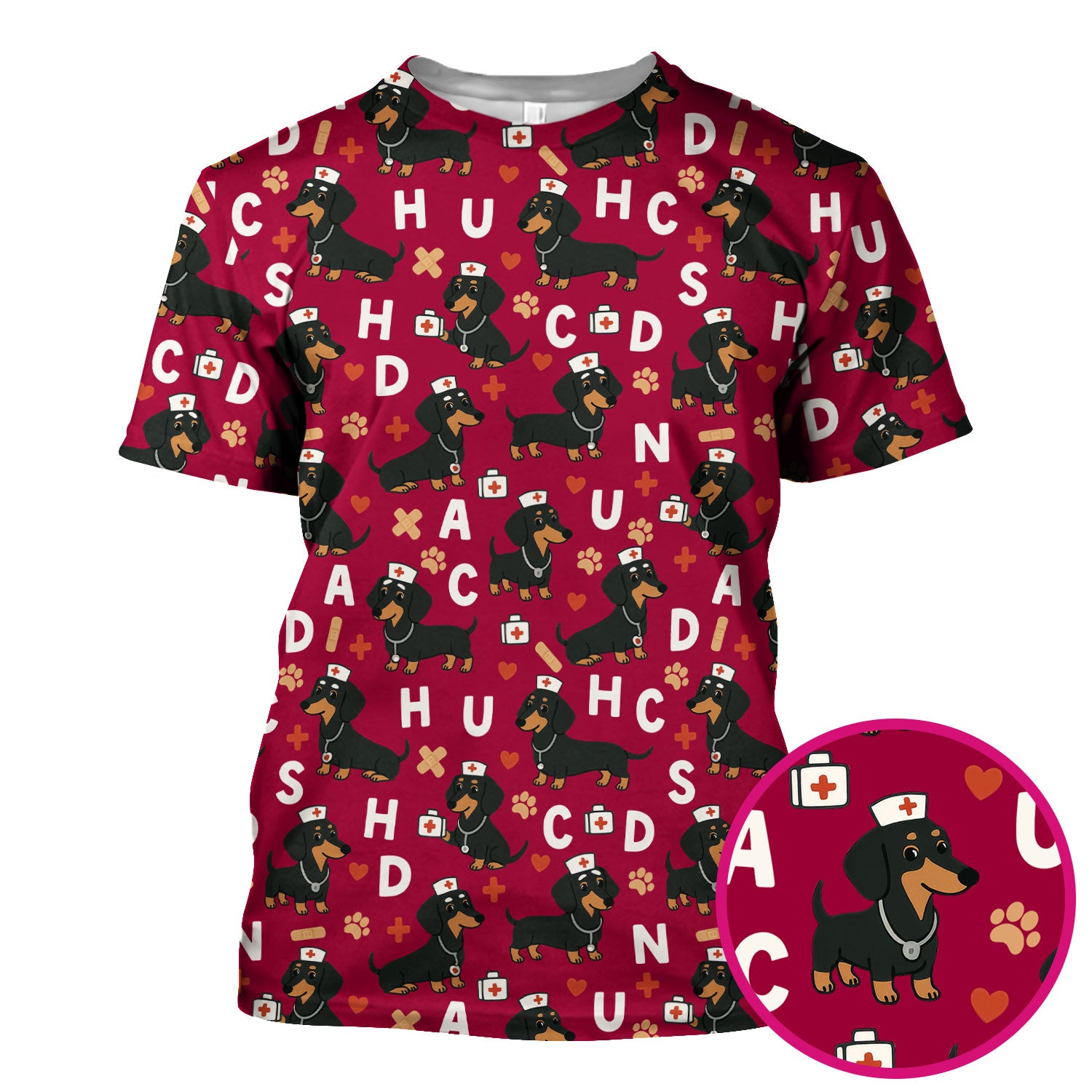 Sausage Dog Print Scrub Top - Cute Dachshund Nurse Shirt for Women - Animal Pattern Medical Scrubs Gift for Healthcare Workers