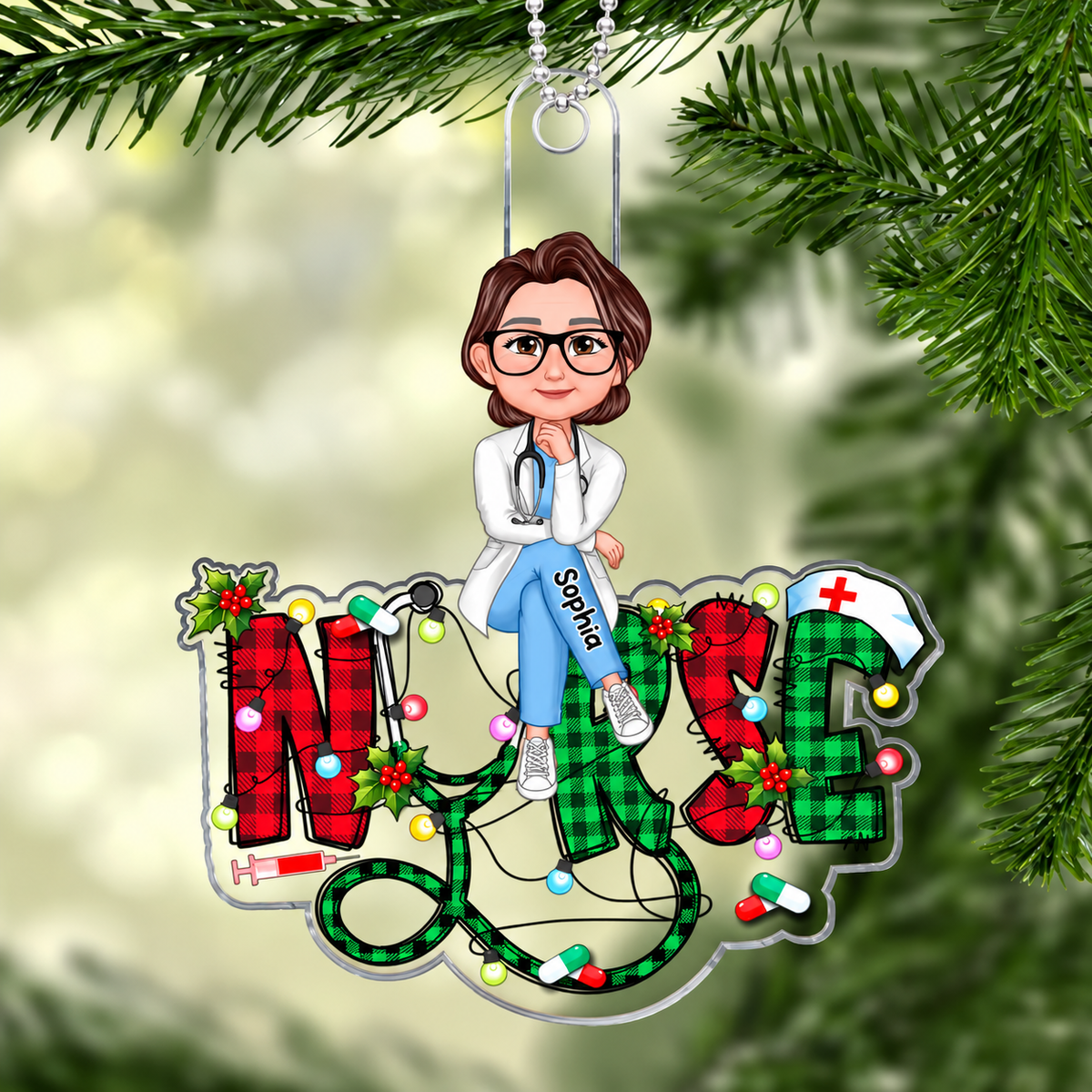 Personalized Sitting Nurse Acrylic Ornament – Christmas Plaid & Lights Custom Name Nurse Gift