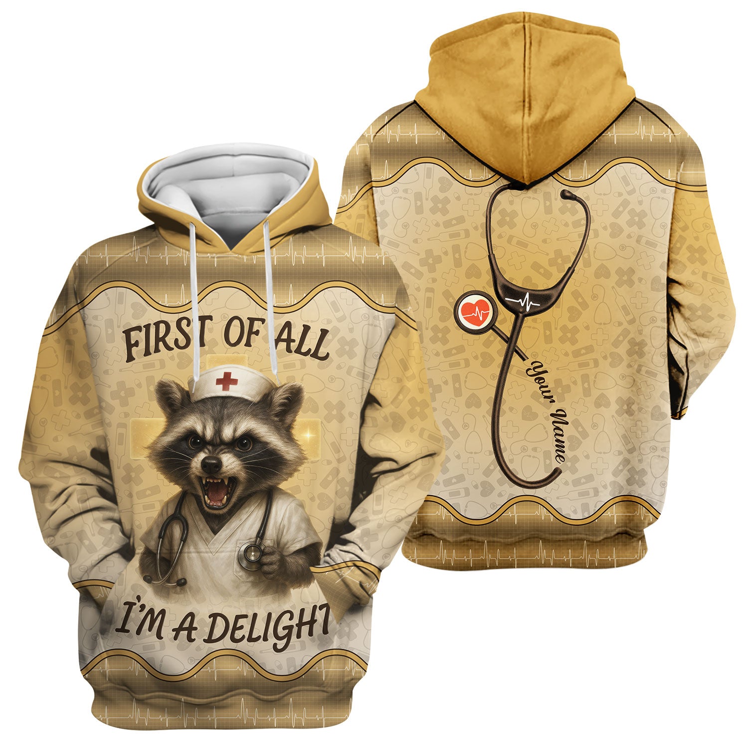 Funny Nurse Shirt with Raccoon - First Of All I'm A Delight - Personalized with Name - Cute Gift for RN CNA LPN Women in Healthcare