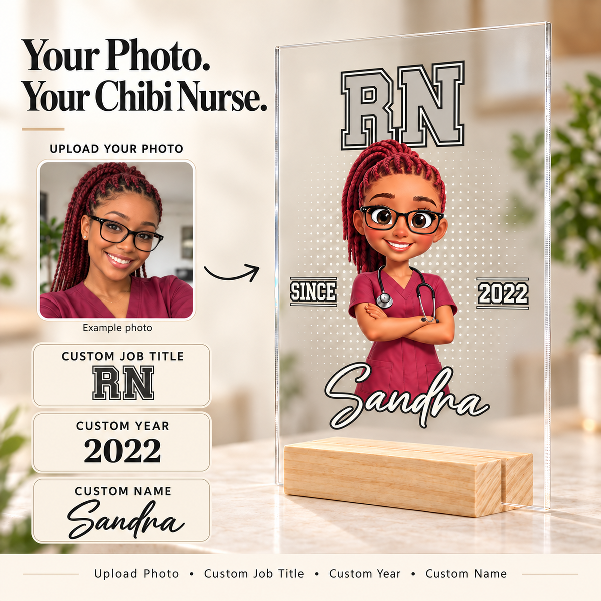 Personalized Chibi Nurse Acrylic Plaque, Custom Photo, Name, Year & Job Title Gift