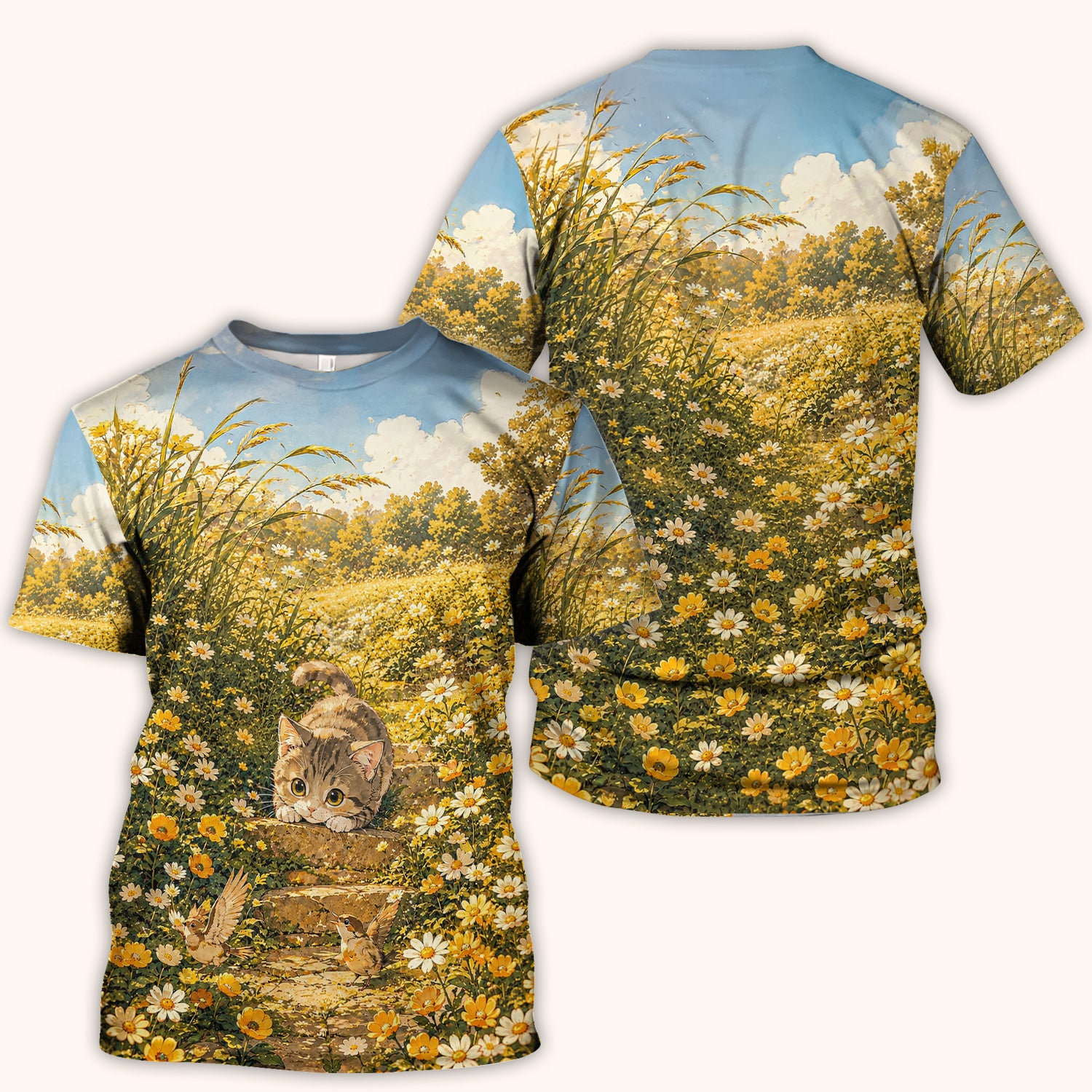 Sunny Garden Cat Nurse Pattern, Floral Medical Scrub Top, Comfortable Scrubs for Nurses
