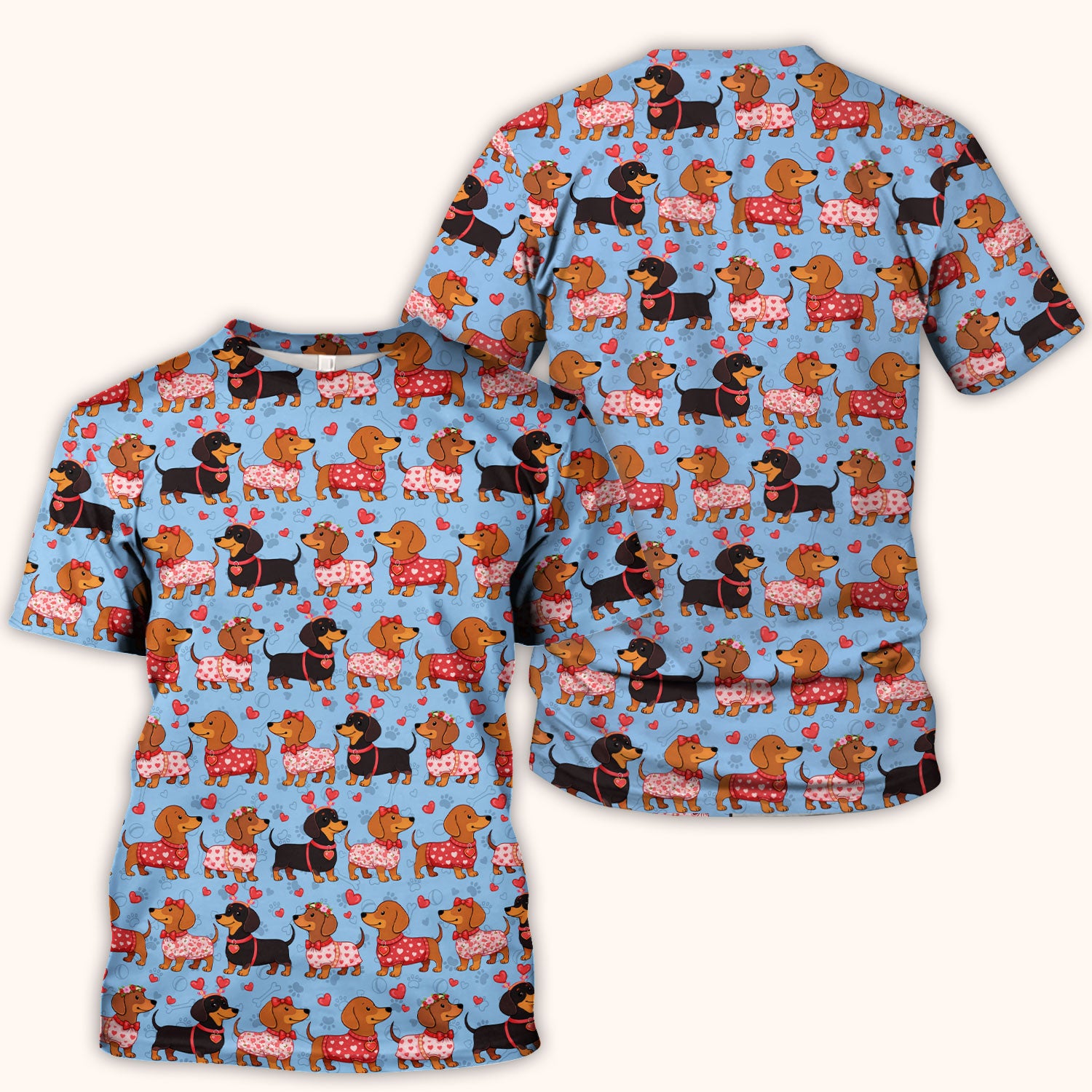 Valentine Dachshund Scrub Top, Wiener Dog Love Pattern Nurse Shirt, Breathable Fabrics Nursing Uniform