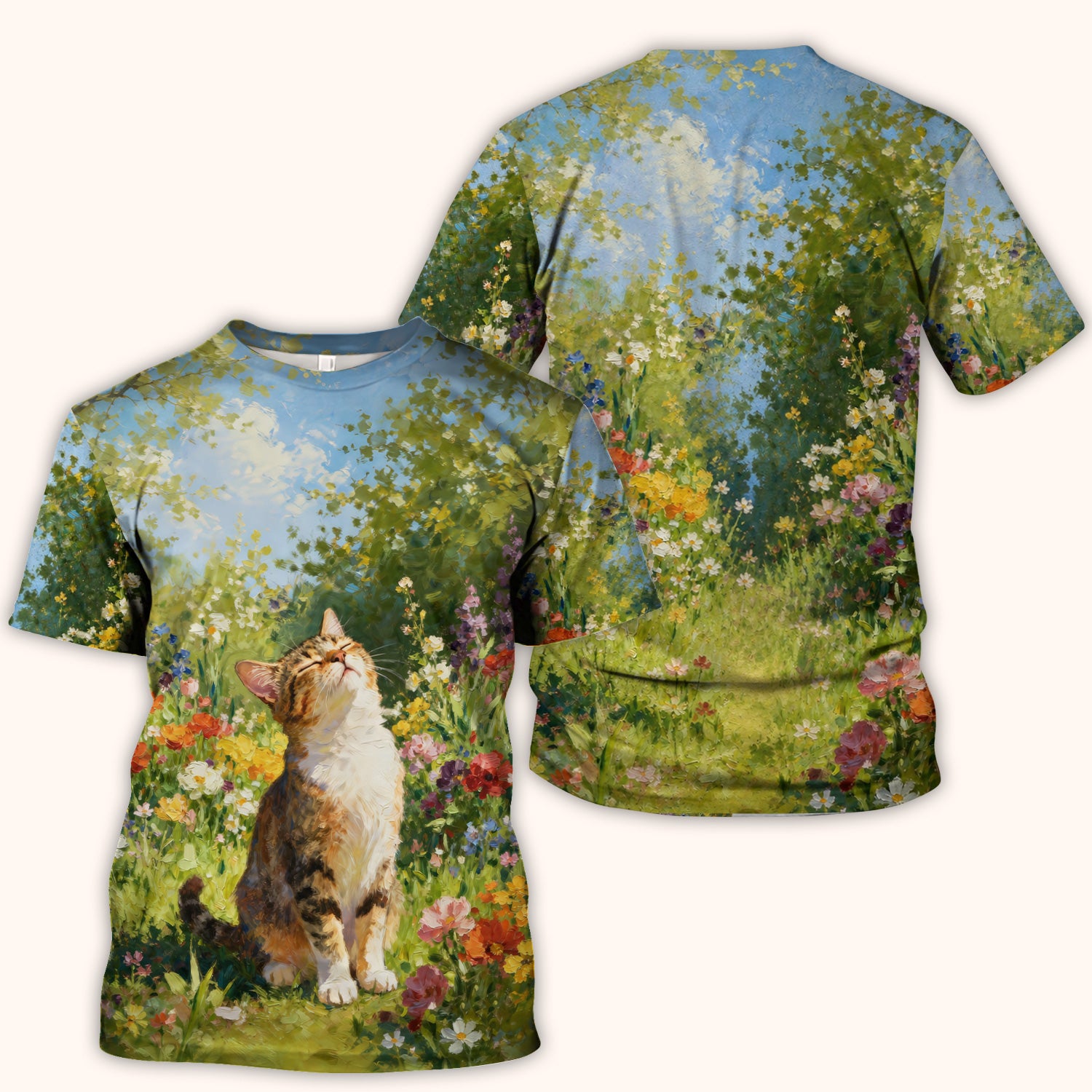 Whimsical Garden Cat Blossom Pattern Scrub Top, Comfortable Scrubs for Nurses