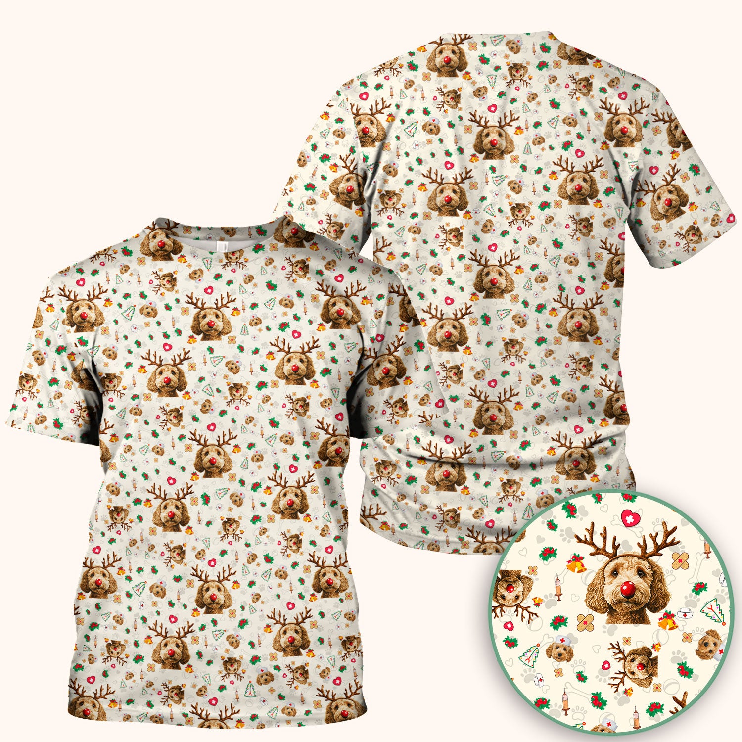 Labradoodle Reindeer Christmas Scrub Top - Funny Dog Nurse Shirt - Cute Holiday Medical Uniform for Women RN LPN CNA Gift