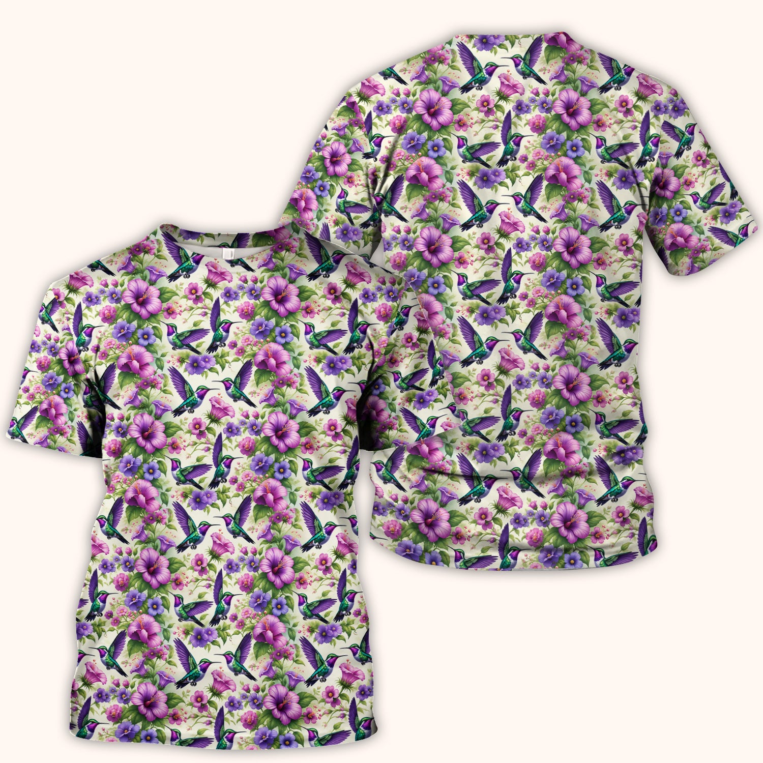 Purple Hummingbird Hibiscus Floral Pattern Scrub Top, Comfortable Scrubs for Nurses