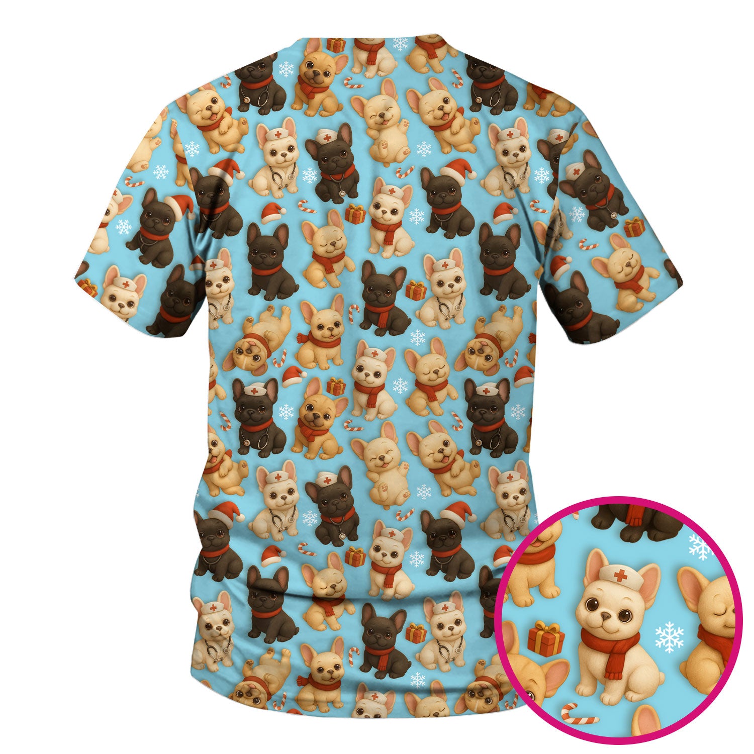 Christmas Dog Scrubs for Women - Cute French Bulldog Pattern Medical Scrub Top - Festive Holiday Nurse Scrubs with Adorable Puppy Design