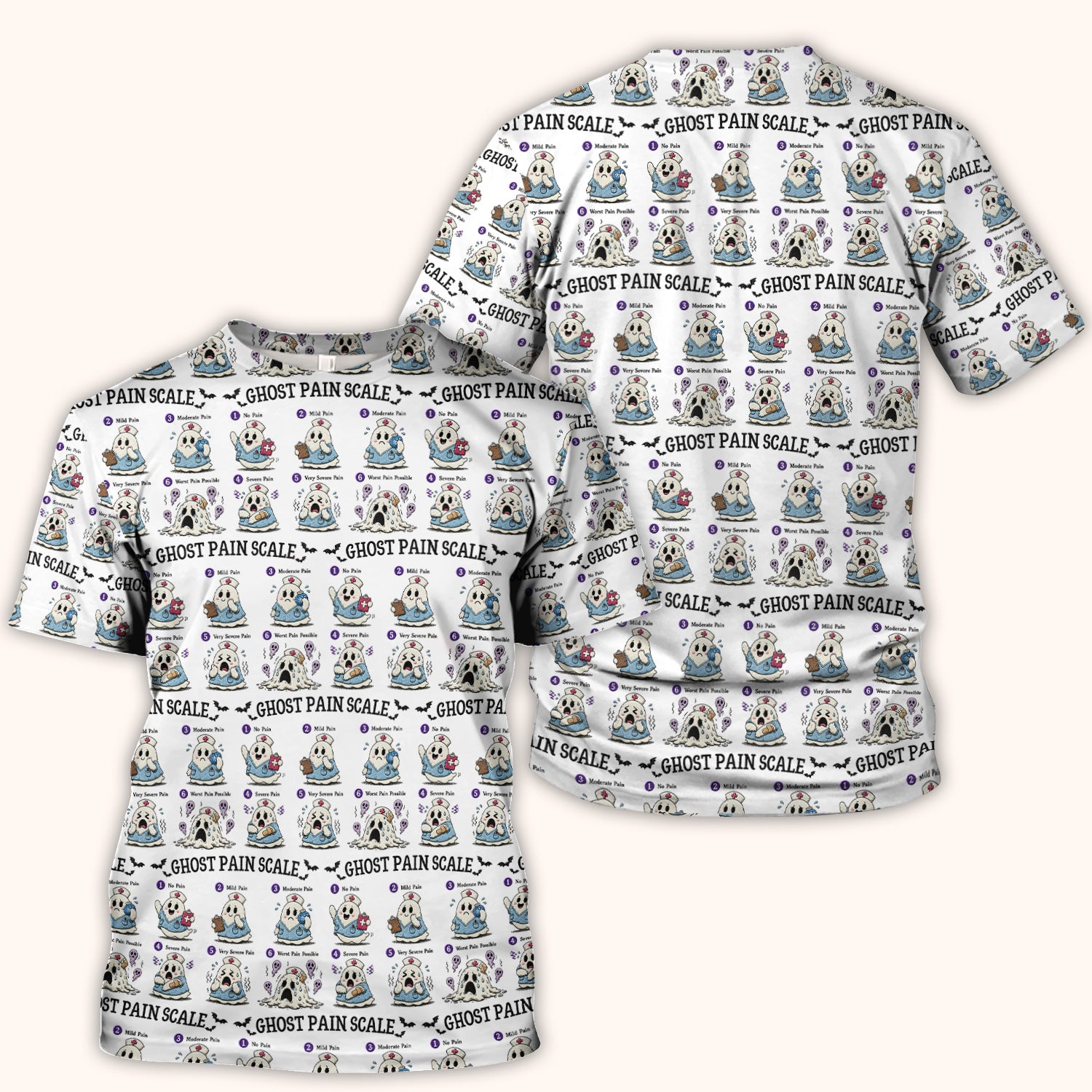 Funny Ghost Pain Scale Pattern Scrub Top, Comfortable Scrubs for Nurses