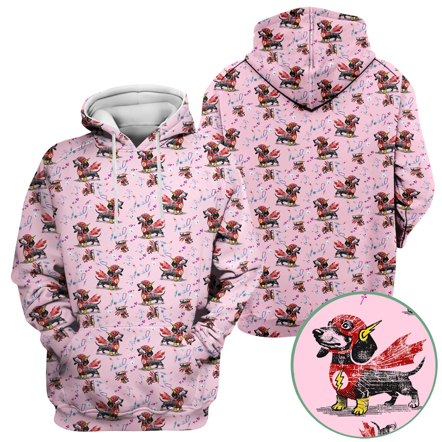 Dachshund Hero Scrub Top for Nurses - Super Nurse Funny Flash Dog Print Medical Uniform Shirt - Cute Sausage Dog Gift for RN CNA LPN