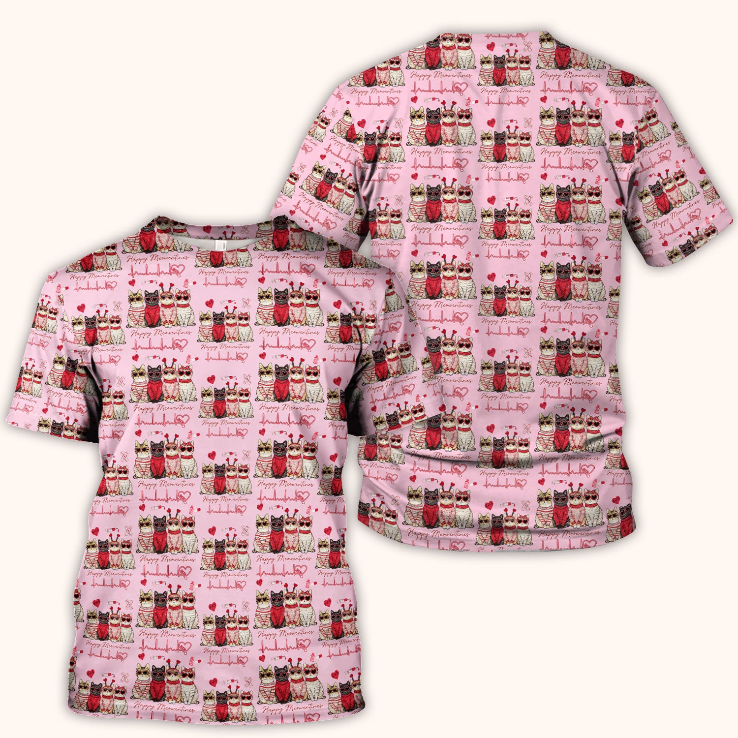 Happy Meowtines Cat Pattern Scrub Top, Valentine Cat Lover Nurse Scrub Shirt, Heartbeat Medical Pattern Nursing Uniform