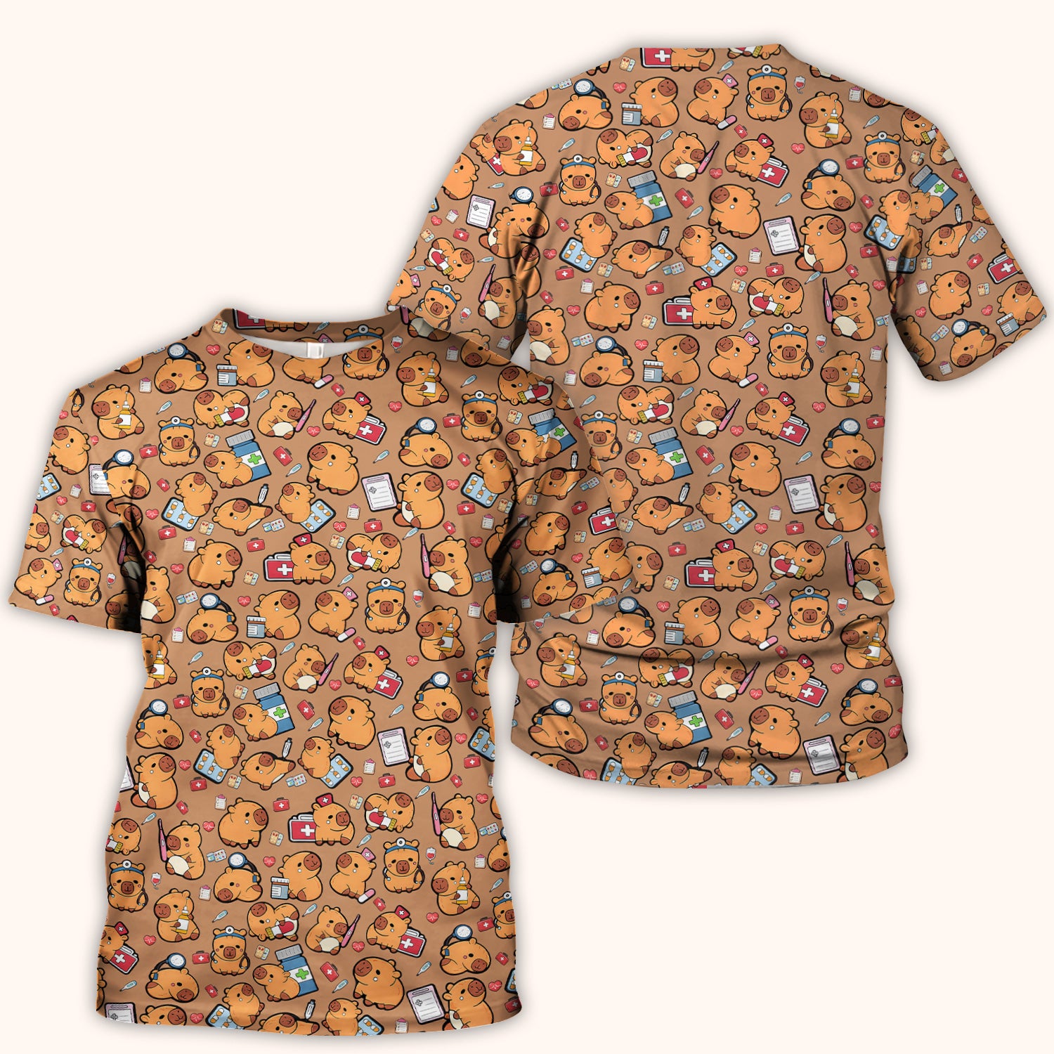 Capybara With Stethoscope And Medical Tools Seamless Scrub Top, Breathable Fabrics Nursing Uniform
