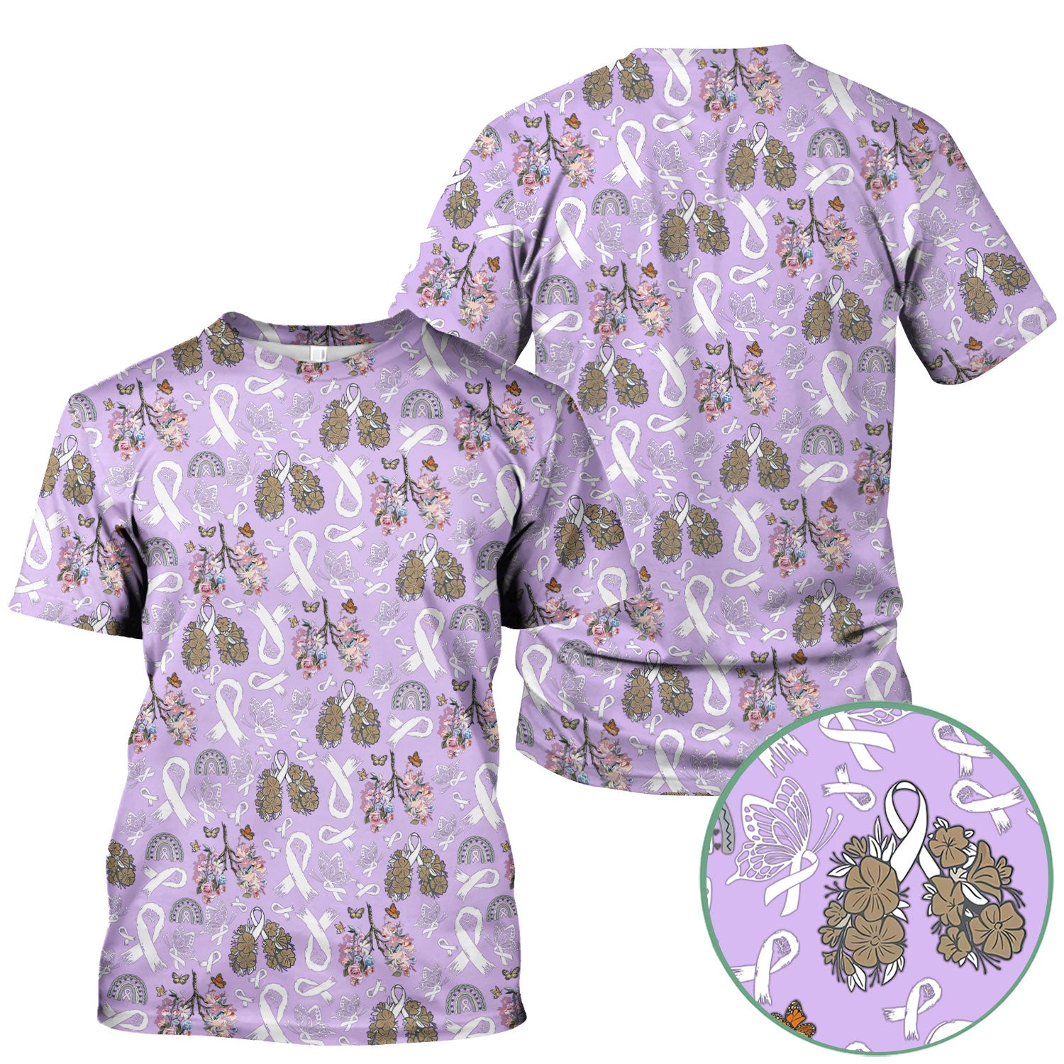 Lung Cancer Awareness Scrub Top for Women - White Ribbon Butterfly Floral Medical Uniform - Comfortable Scrubs for Nurses