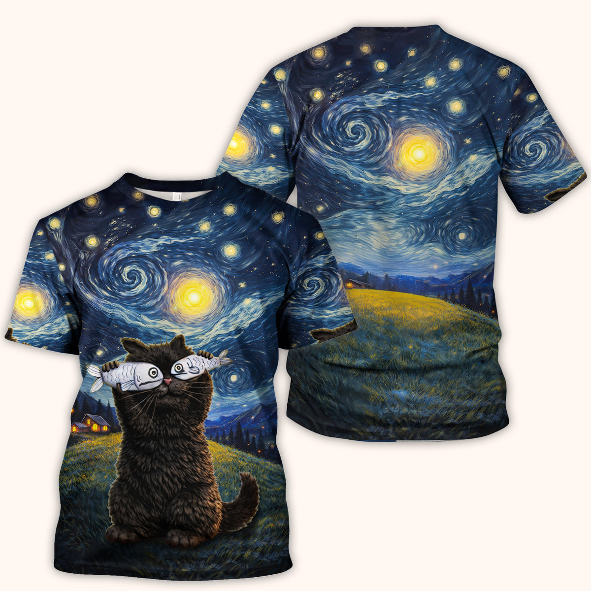 „Starry Night“-Katzen-Print V-Ausschnitt-Kasack, für katzenliebende Pflegekräfte