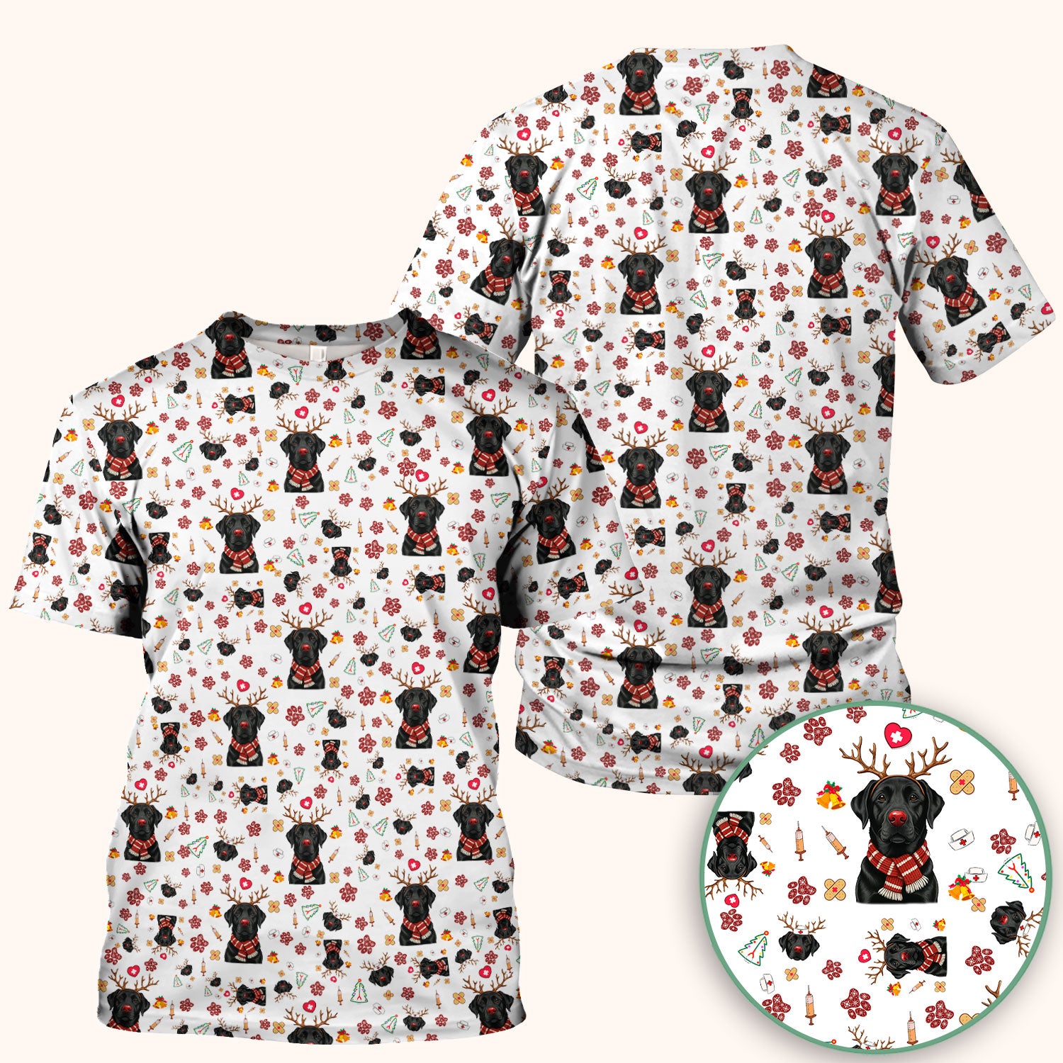 Funny Black Lab Reindeer Scrub Top - Christmas Dog Nurse Shirt - Cute Holiday Medical Uniform Gift for RN LPN CNA