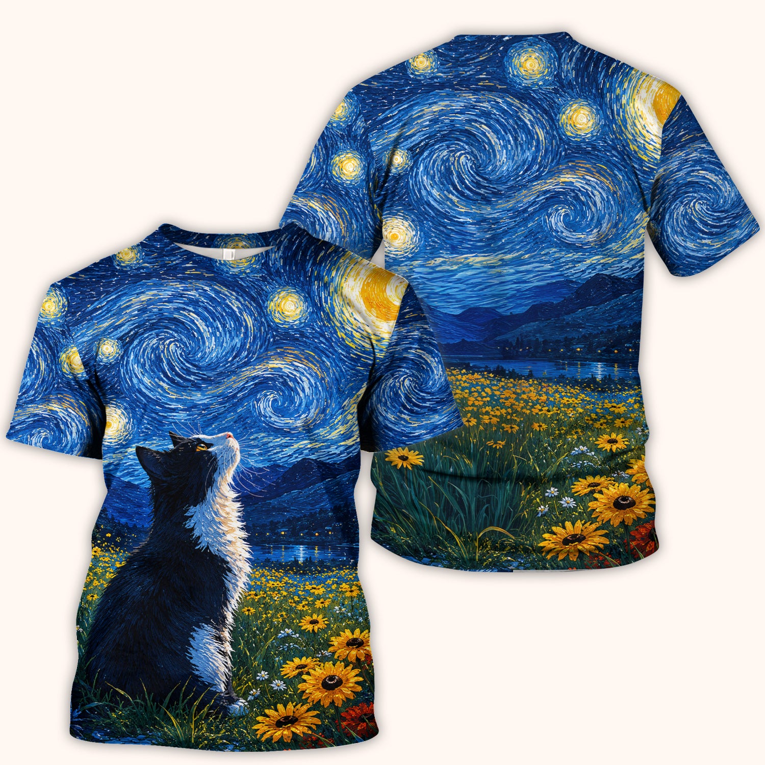 Starry Cat Night Veterinary Nurse Pattern Scrub Top for RN, CNA, Art Medical Uniform
