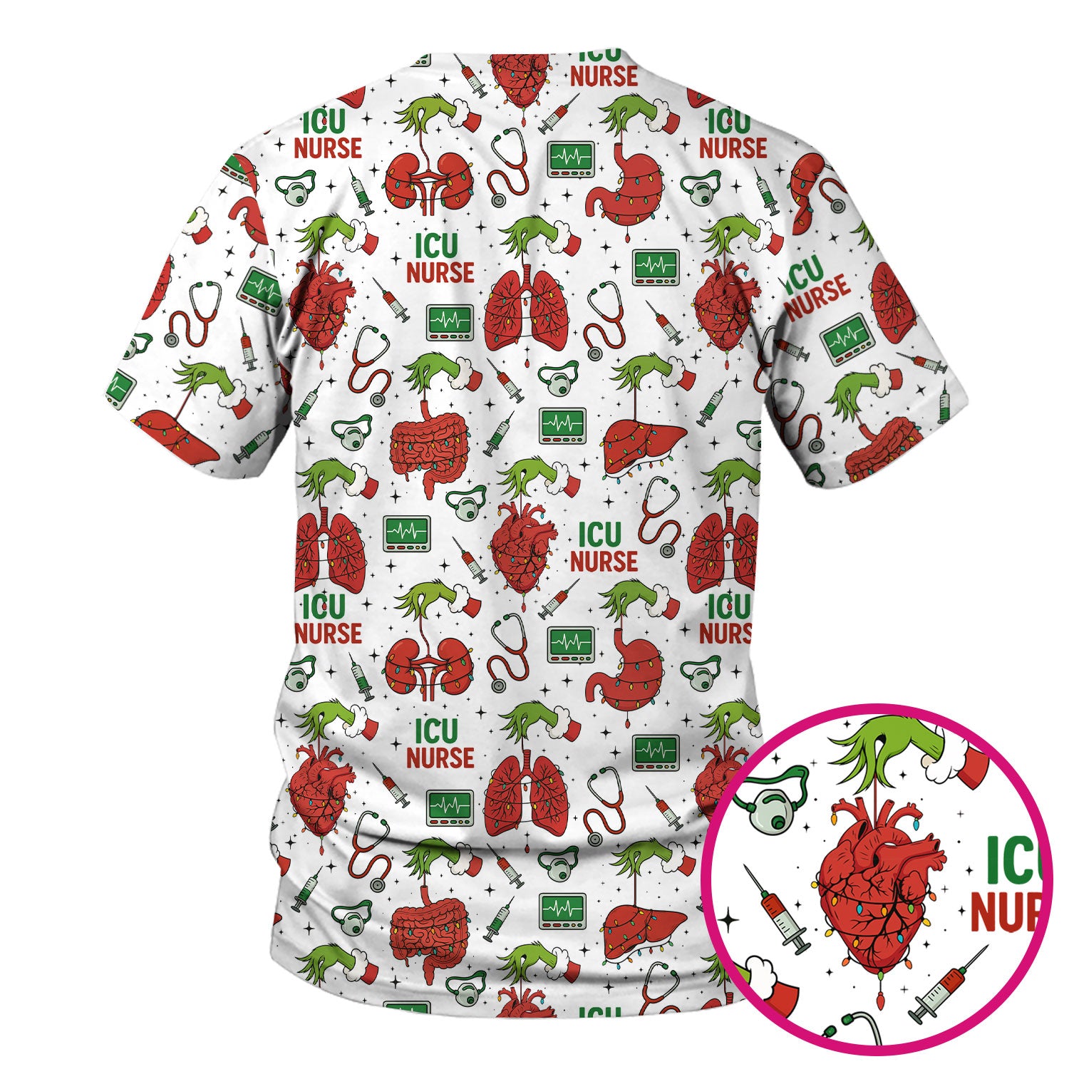 Christmas ICU Nurse Scrub Top - Funny Heart Anatomy Pattern - Holiday Nursing Shirt Gift for RN LPN CNA