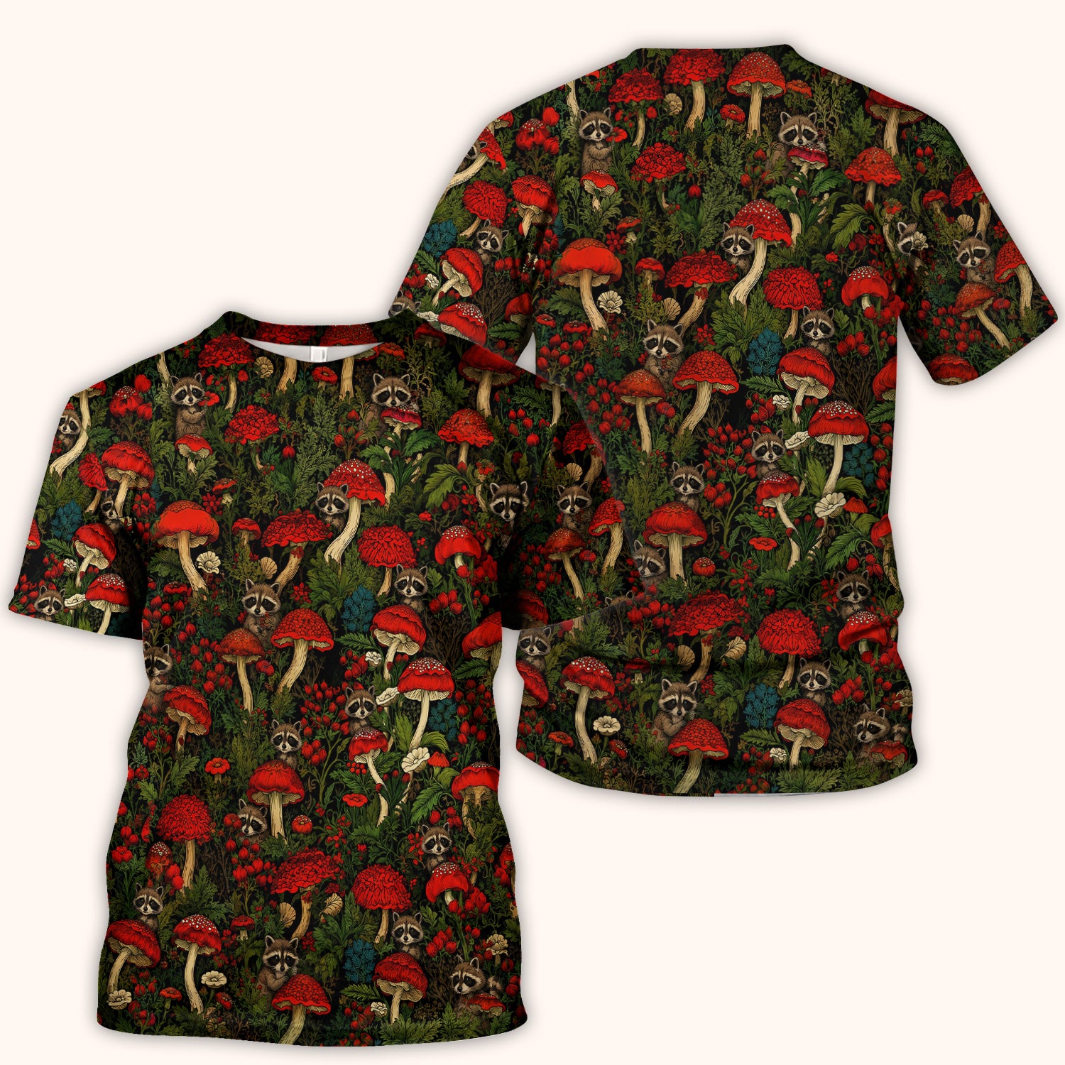 Woodland Raccoon Red Mushroom Pattern Scrub Top, Comfortable Scrubs for Nurses