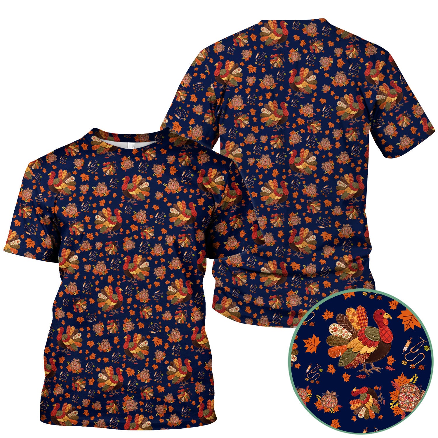 Thanksgiving Turkey Nurse Scrub Top for Women - Fall Leaves Pattern Shirts - Autumn Nursing Uniform Gift for RN LPN CNA
