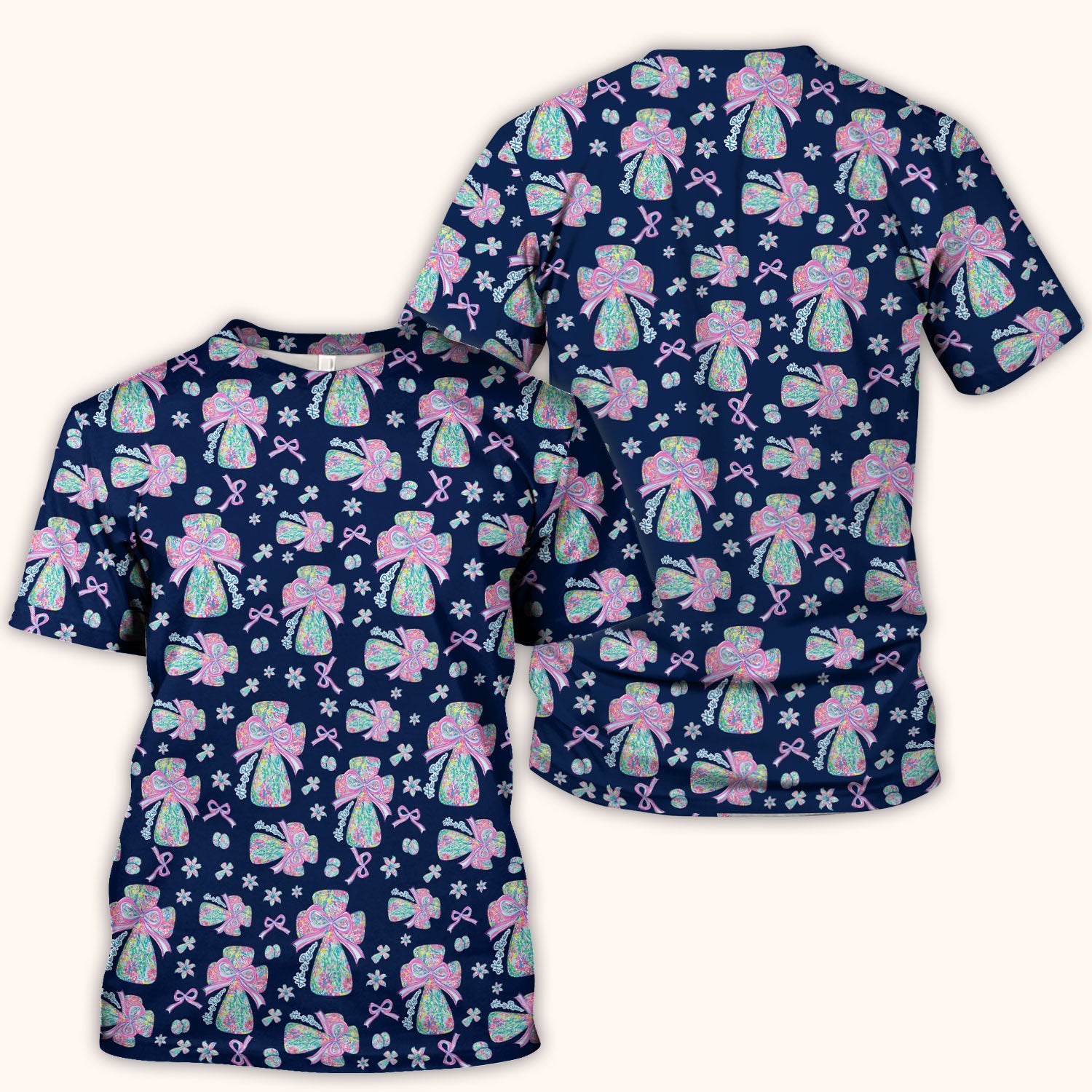Colorful Bow Pattern Scrub Top, Breathable Fabrics Nursing Uniform