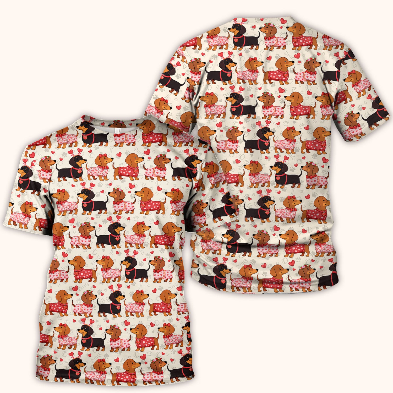 Valentine Dachshund Scrub Top, Wiener Dog Love Pattern Nurse Shirt, Breathable Fabrics Nursing Uniform