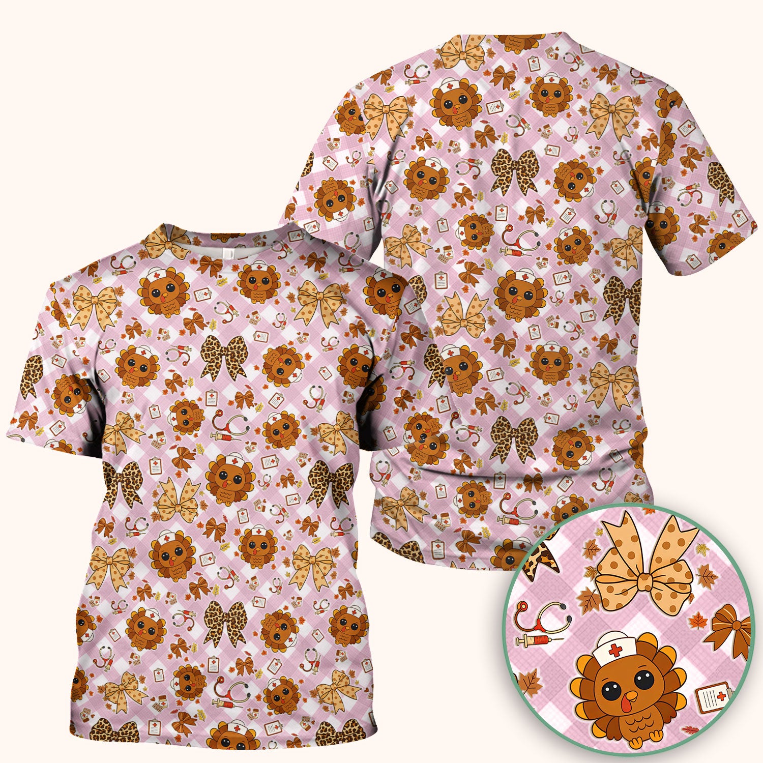 Thanksgiving Turkey Scrub Top for Nurses - Cute Fall Leaves and Bow Shirt - Funny Autumn Nursing Gift for Women RN LPN CNA