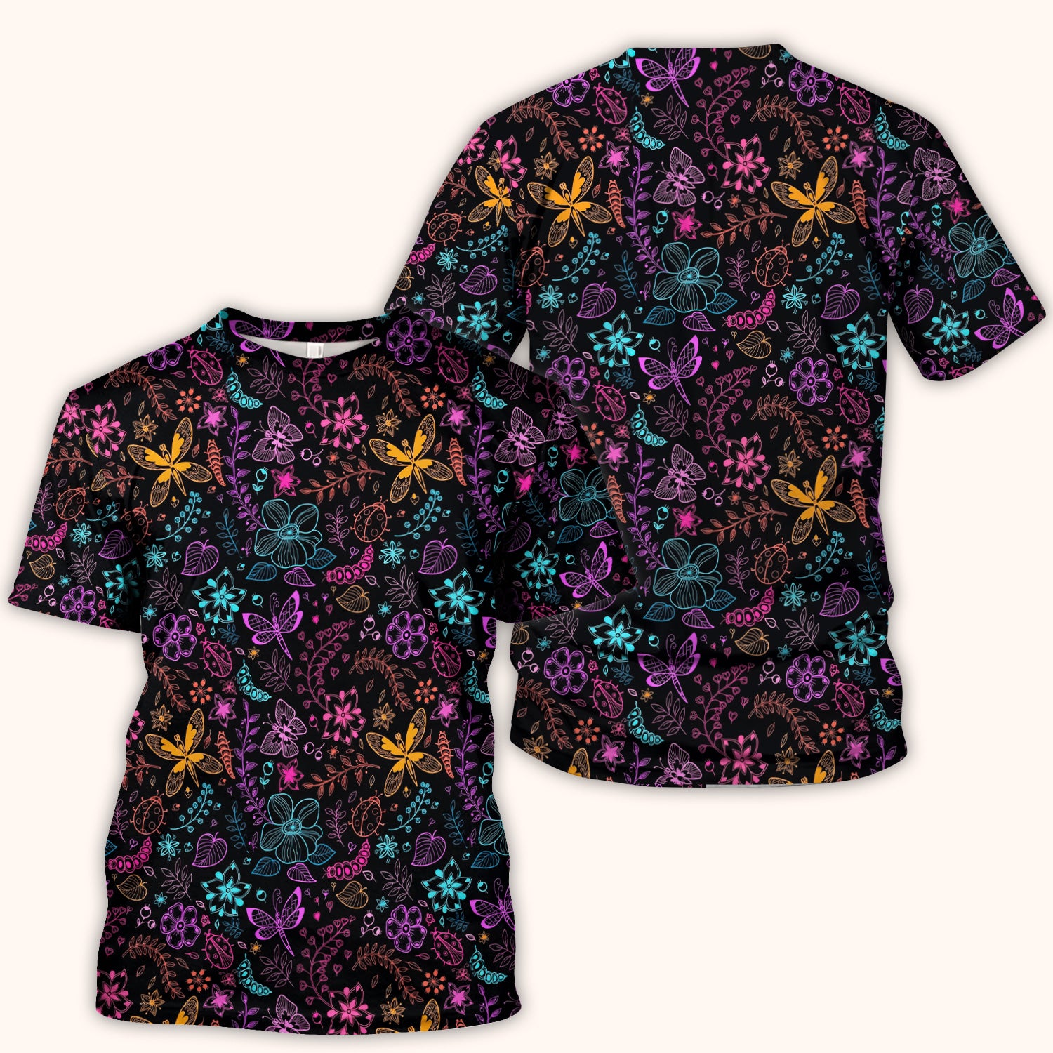 Neon Butterfly and Floral Garden Pattern Scrub Top, Comfortable Scrubs for Nurses