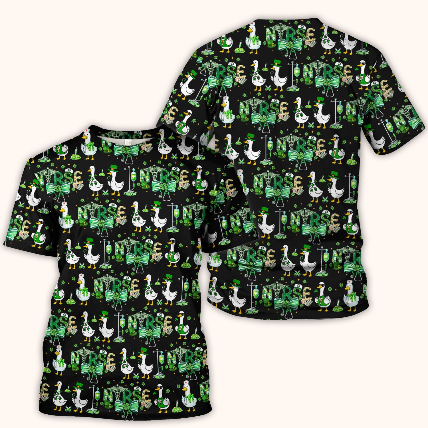 Funny Goose Nurse Shamrock Scrub Top, St. Patrick’s Day Nurse Pattern Shirt, Breathable Fabrics Nursing Uniform