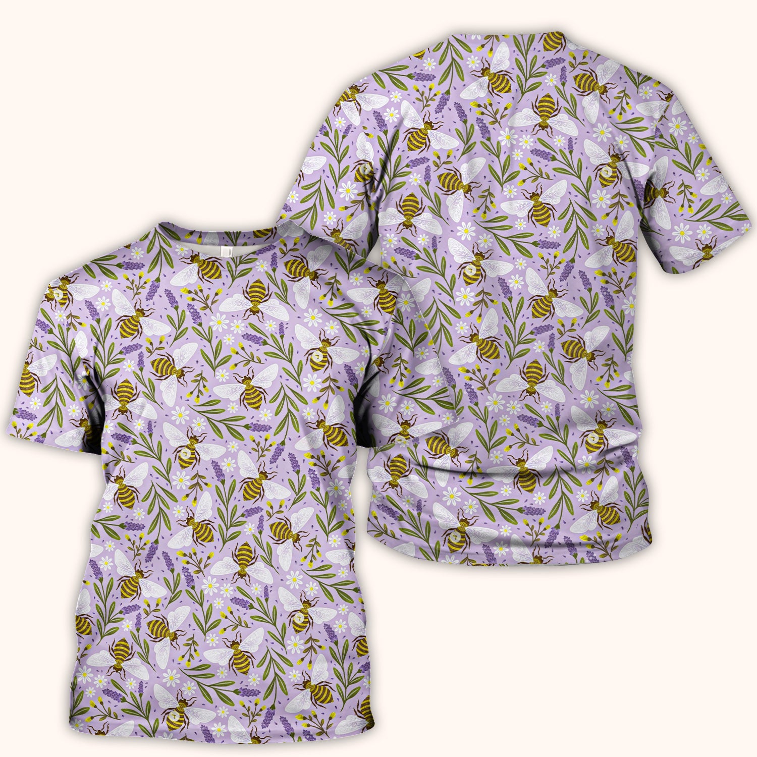 Cute Lavender Bee Floral Pattern Scrub Top, Comfortable Scrubs for Nurses