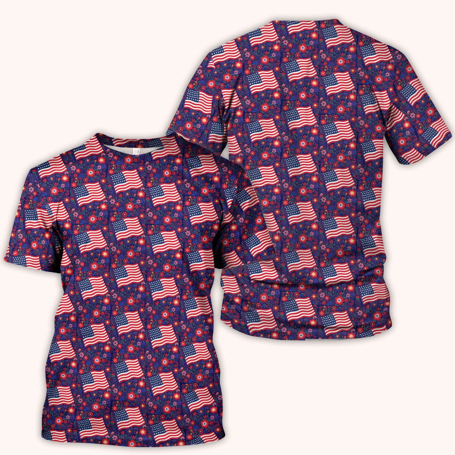 Patriotic USA Flag With Floral Fireworks Pattern Scrub Top, Breathable Fabrics Nursing Uniform