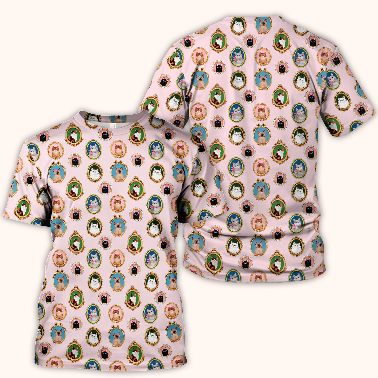 Vintage Cat Portrait Pattern Scrub Top, Breathable Medical Uniform Top