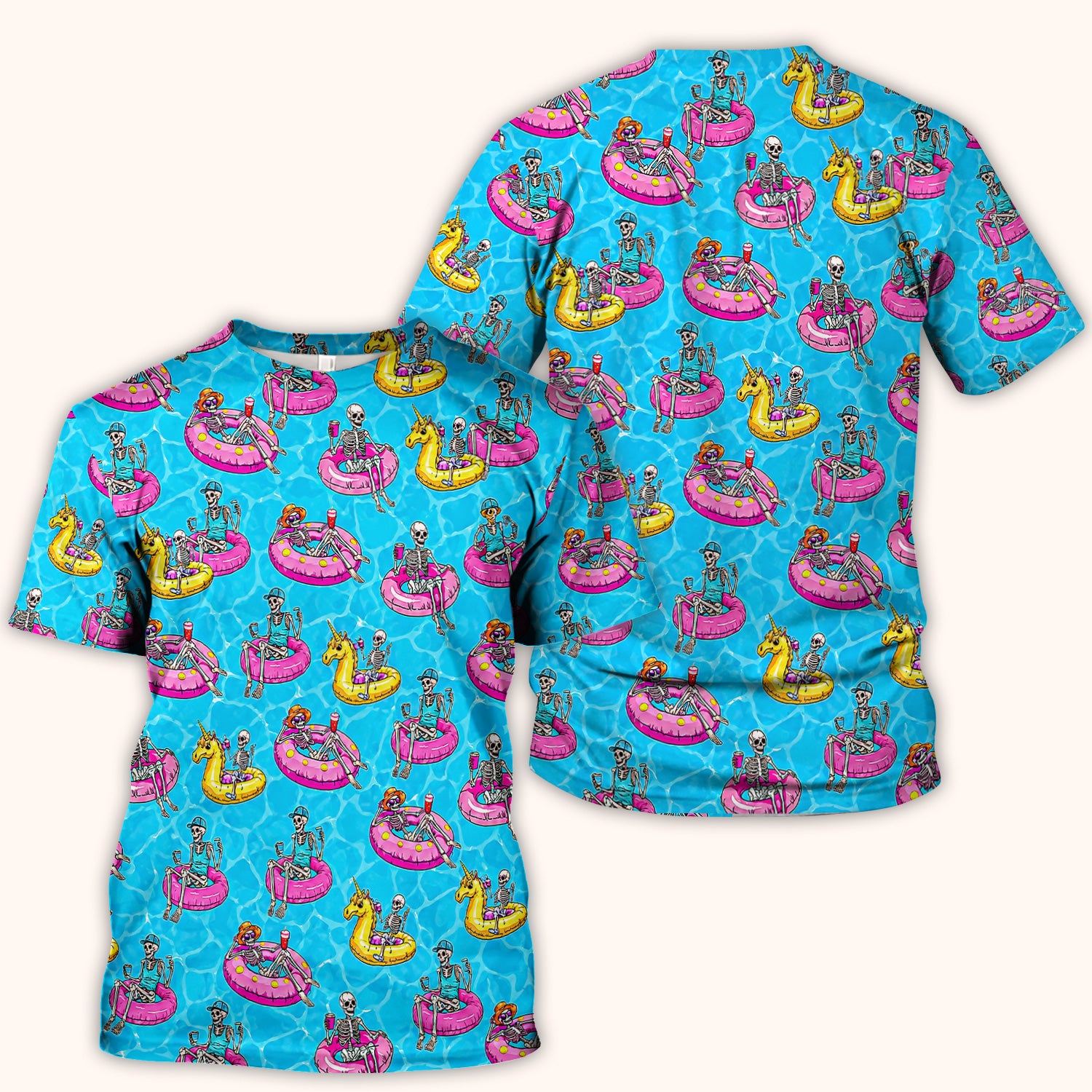 Summerween Skeleton with Pool Float Print Scrub Top, Comfortable Scrubs for Nurses