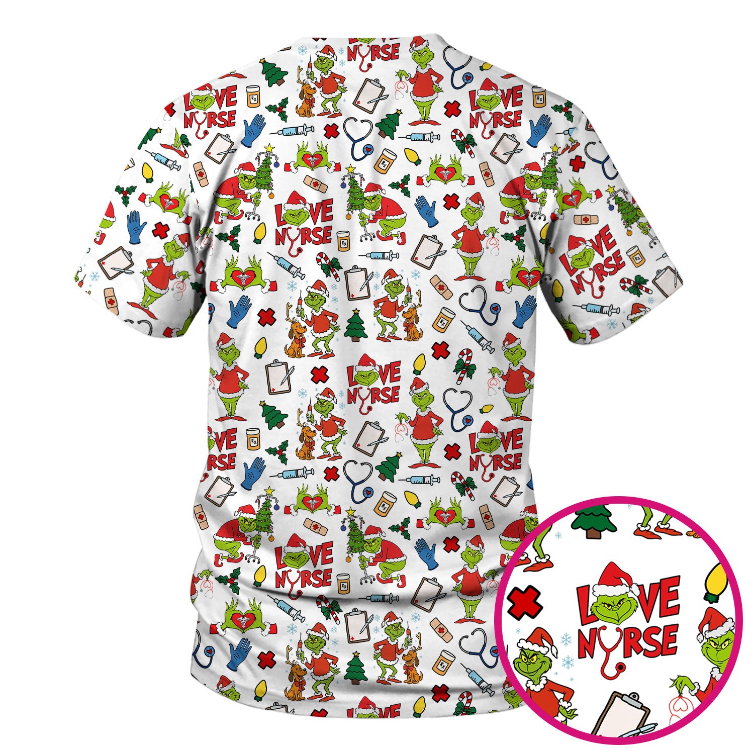 Funny Grinch Love Nurse Scrub Top - Multi Color Christmas Scrub Shirt - Cute Holiday Nursing Workwear with Pockets for Women
