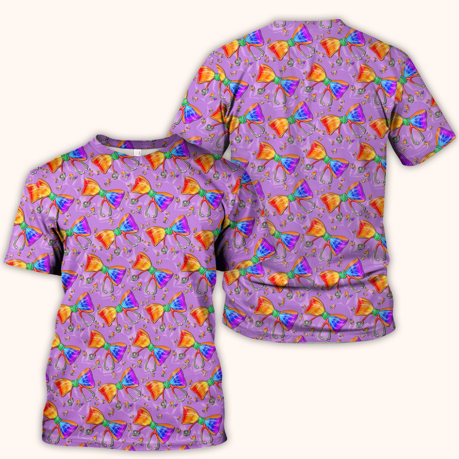 Colorful Rainbow Bow Stethoscope Pattern Scrub Top, Breathable Fabrics Nursing Uniform