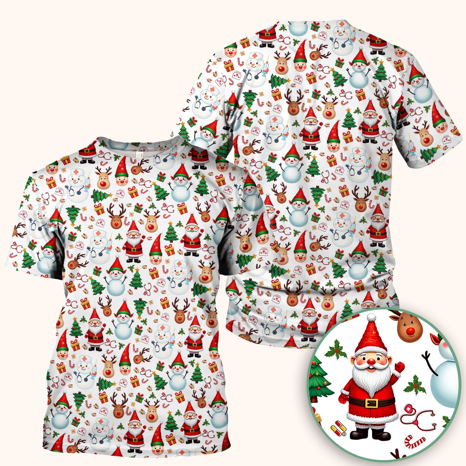 Christmas Nurse Scrub Top - Cute Snowman Santa Reindeer Pattern Medical Shirt - Festive Holiday Scrubs for Women RN CNA LPN