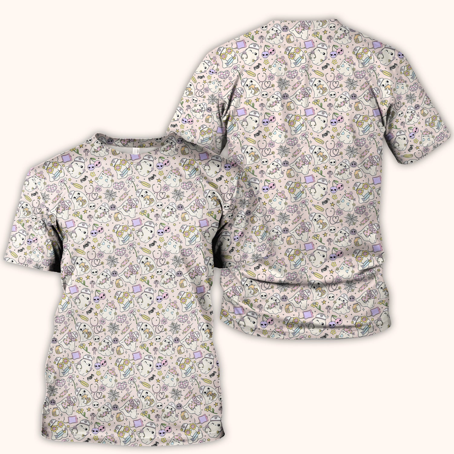 Cute Halloween Nurse Ghosts Pattern Scrub Top, Comfortable Scrubs for Nurses