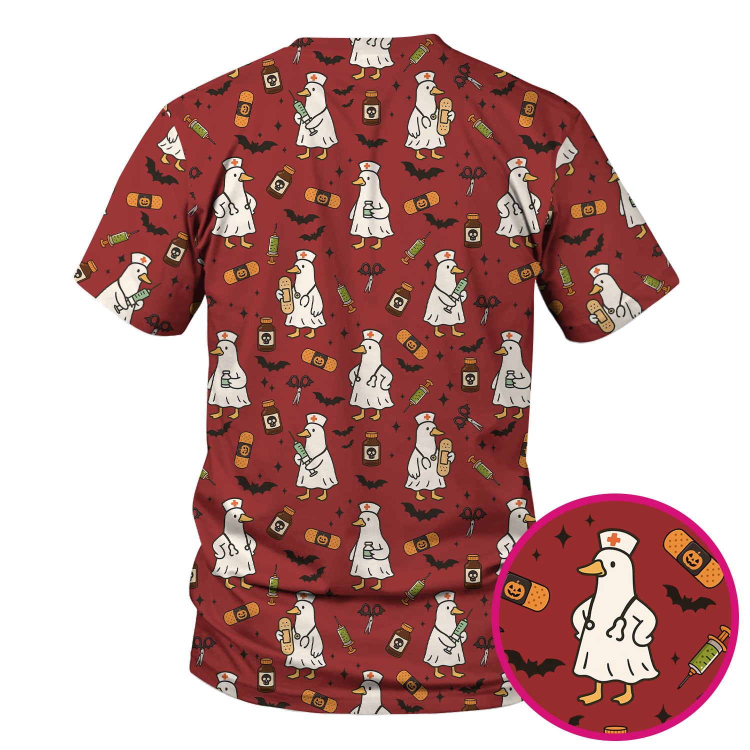 Cute Duck Pattern Nurse Scrub Top - Funny Goose Halloween Medical Design - Playful Spooky Nursing Shirt for RN LPN CNA Women