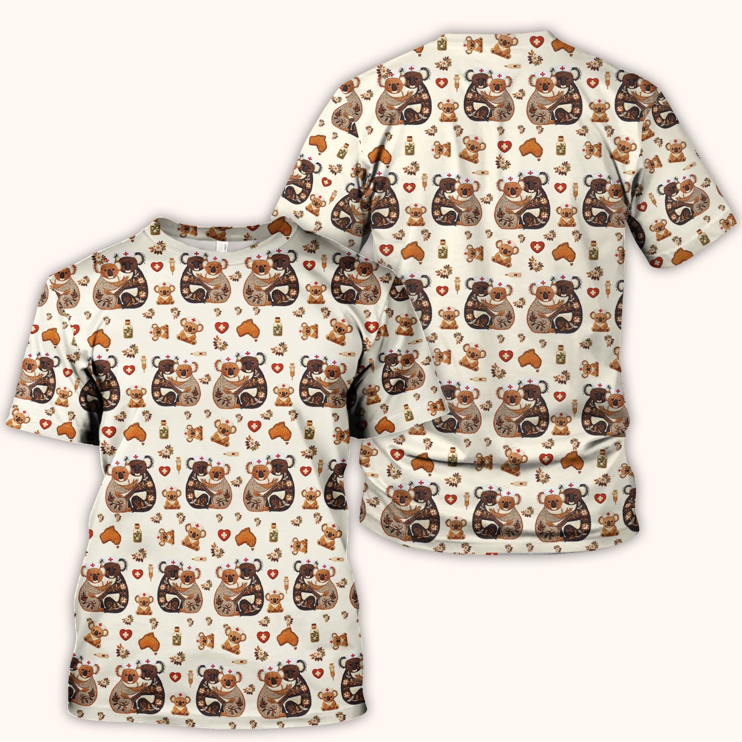 Cute Cartoon Koala Valentine Nurse Design Scrub Top, Breathable Fabrics Nursing Uniform