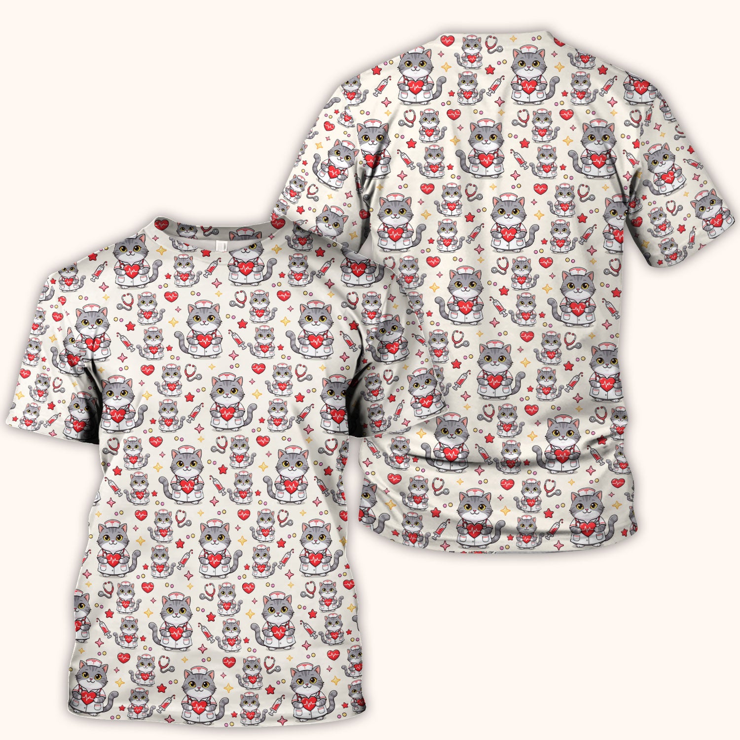 Cute Nurse Cat Heart Medical Print Scrub Top, Comfortable Scrubs for Nurses