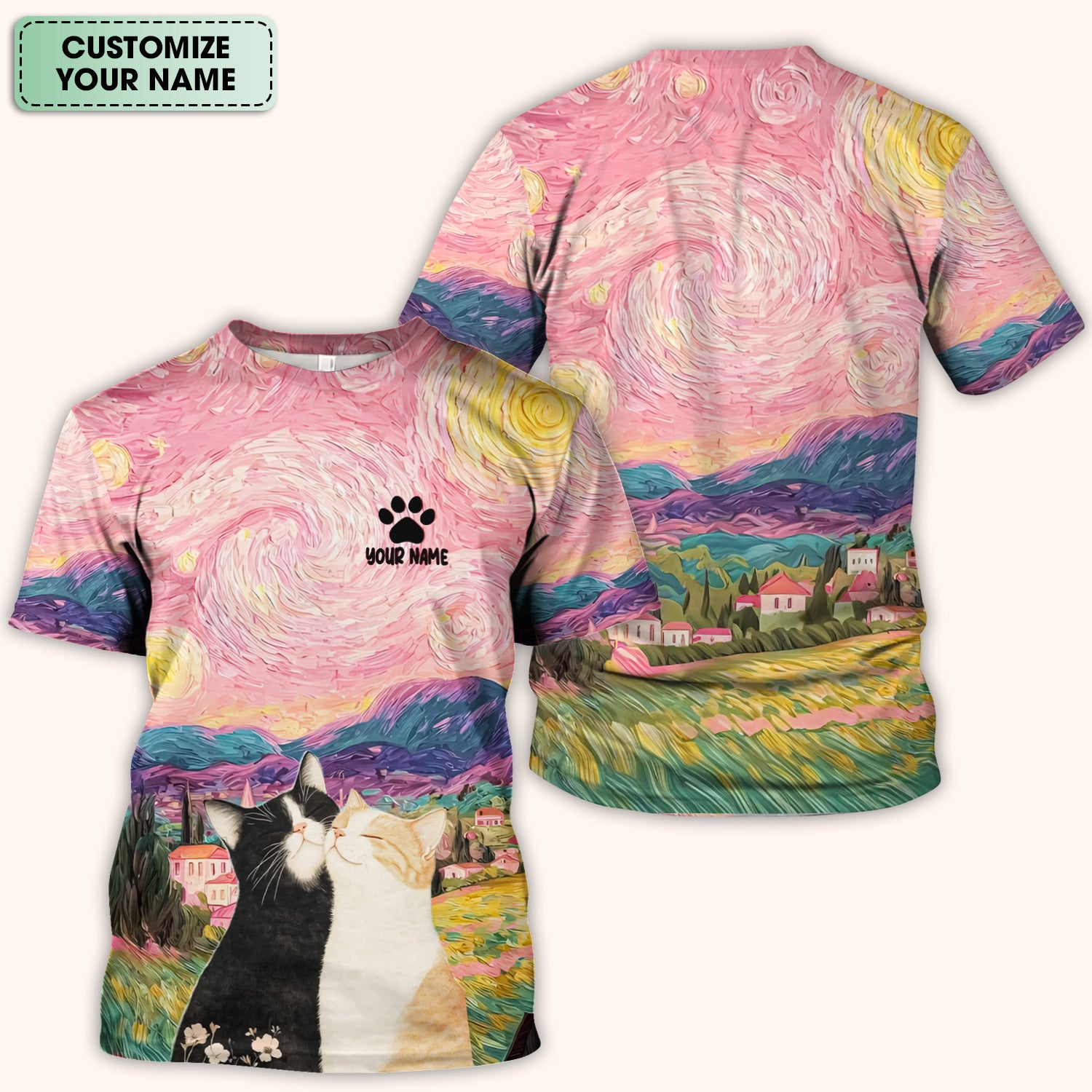 Personalized Cat Couple Sunset Swirl Sky Landscape Pattern Scrub Top, Comfortable Scrubs for Nurses
