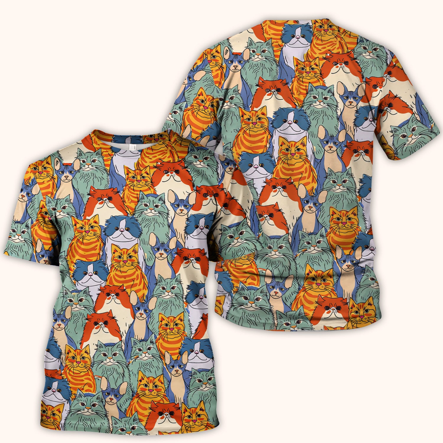 Cute Multicolor Cat Faces Illustration Pattern Scrub Top, Comfortable Scrubs for Nurses