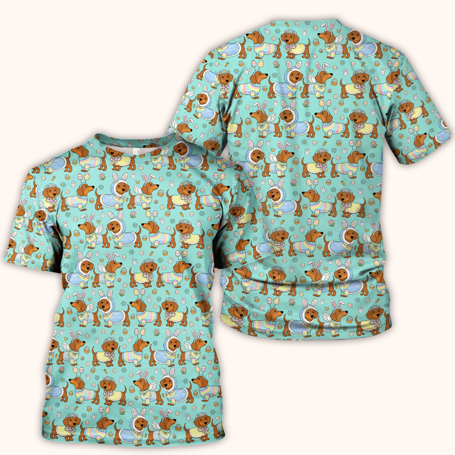 Easter Dachshund Bunny Print Scrub Top, Breathable Fabrics Nursing Uniform
