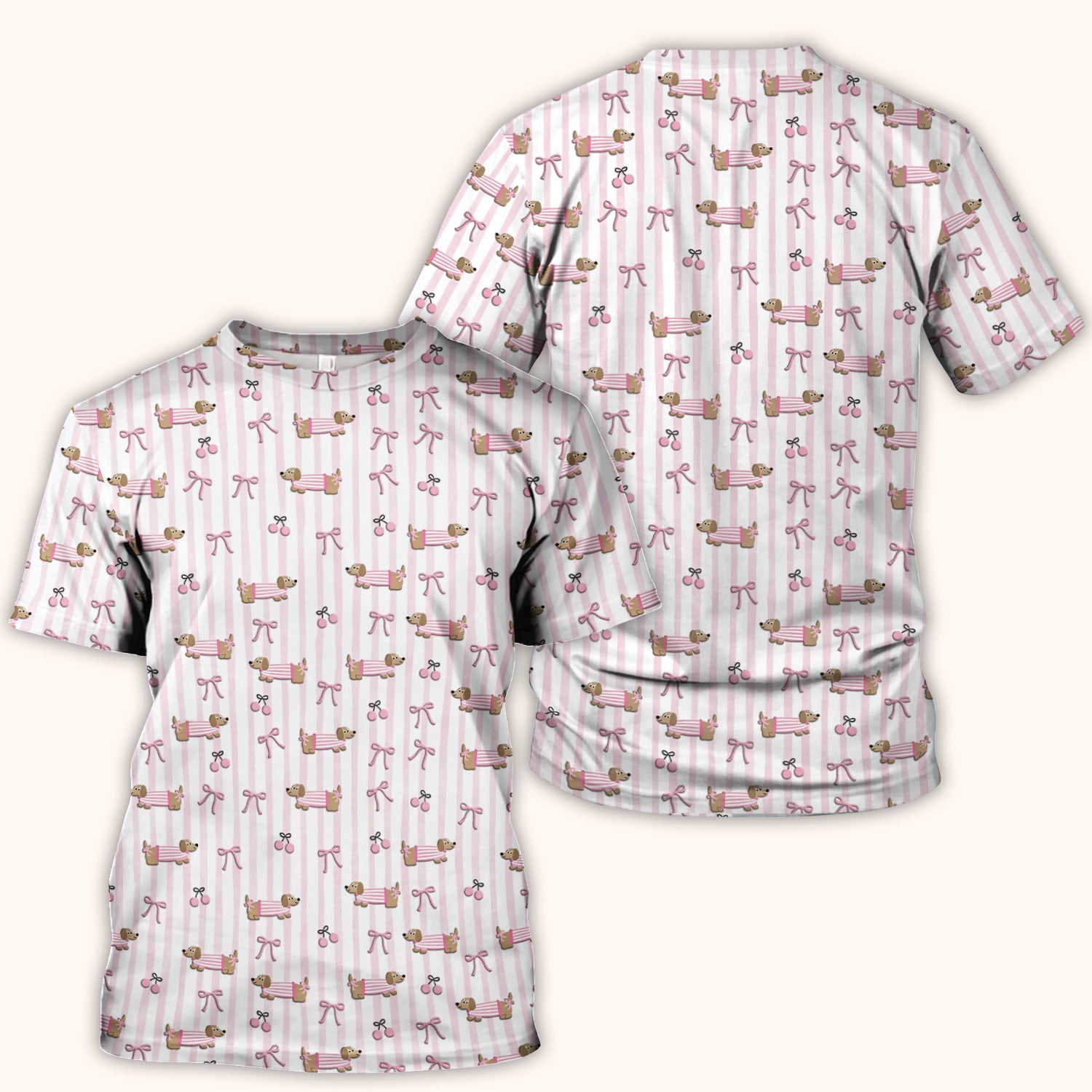 Cute Dachshund Pink Stripe Pattern Scrub Top, Breathable Fabrics Nursing Uniform
