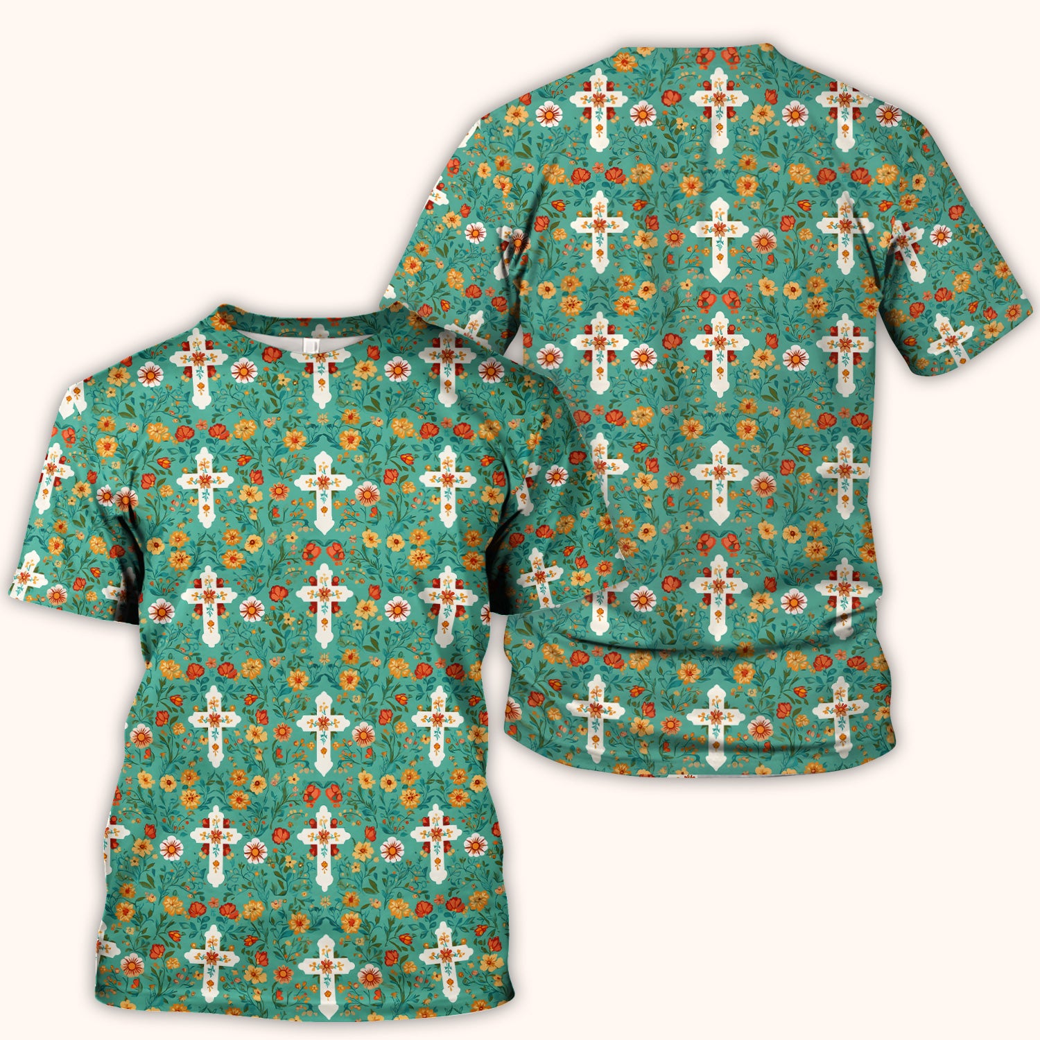 Christian Faith Floral Cross Pattern Scrub Top, Comfortable Scrubs for Nurses