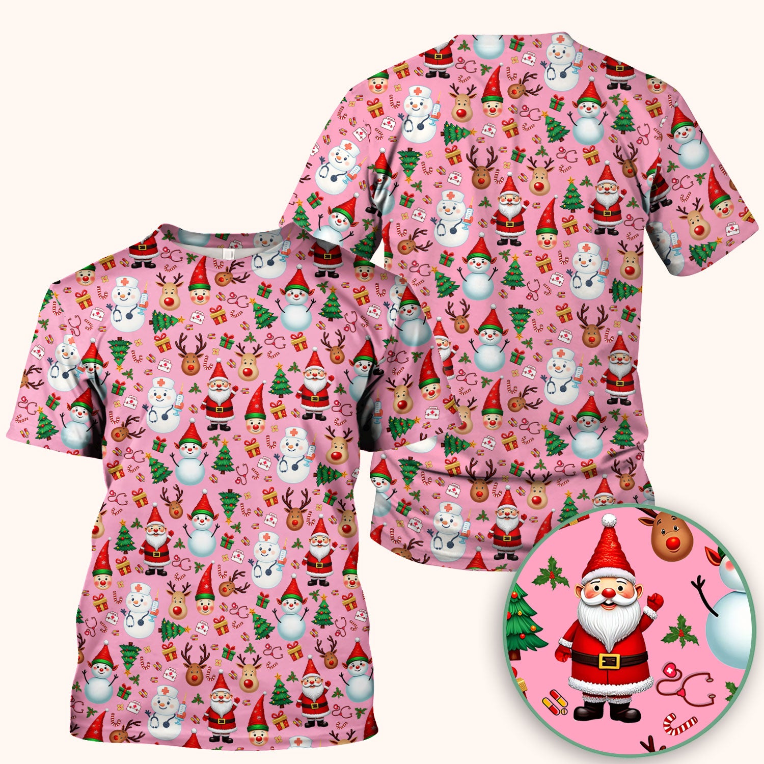 Christmas Nurse Scrub Top - Cute Snowman Santa Reindeer Pattern Medical Shirt - Festive Holiday Scrubs for Women RN CNA LPN