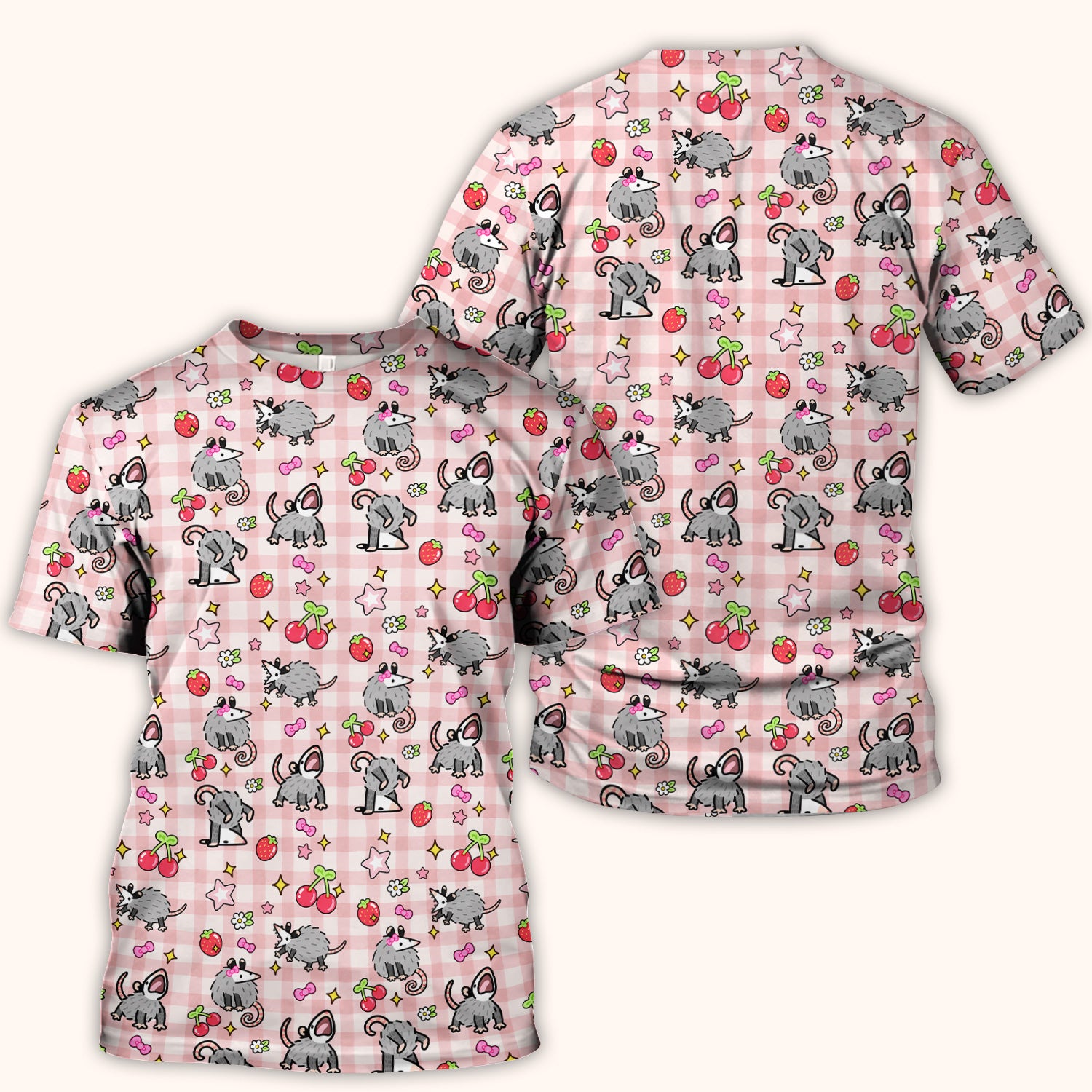 Cute Opossum And Cherries Gingham Pattern Scrub Top, Comfortable Scrubs for Nurses